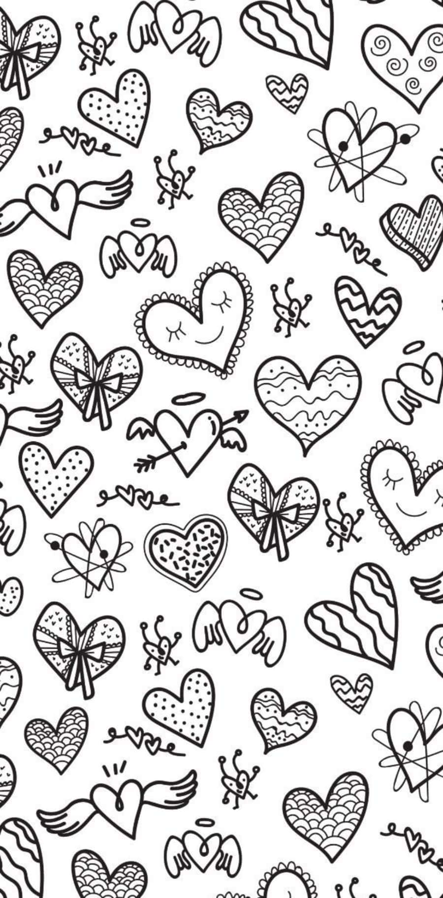 Heart Doodle 桌布 壁紙 — 充滿趣味的黑白壁紙，上面畫滿了帶有翅膀、光環和各種圖案的塗鴉心形。