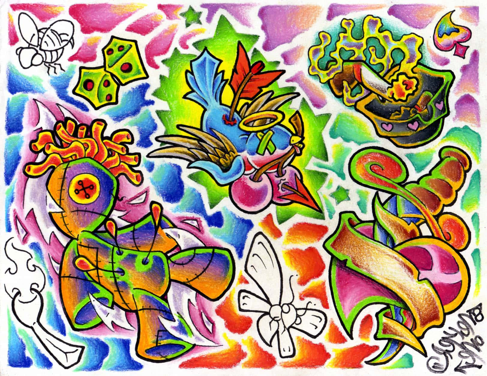 Tattoo 桌布 壁紙 — 充滿迷幻色彩和奇思妙想的卡通生物（如鳥、骰子和蝴蝶）的鮮豔抽象插圖。
