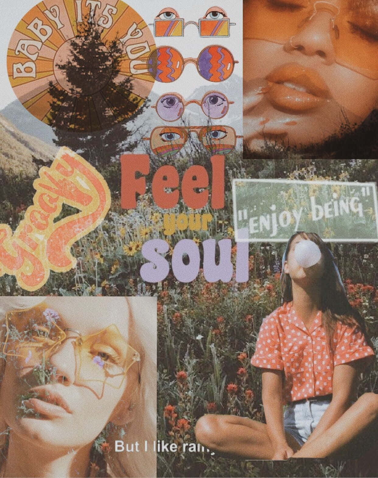 Retro 桌布 壁紙 — 充滿迷幻風格的眼睛、太陽眼鏡、花田和年輕面孔的鮮豔拼貼，並帶有勵志文字疊加。