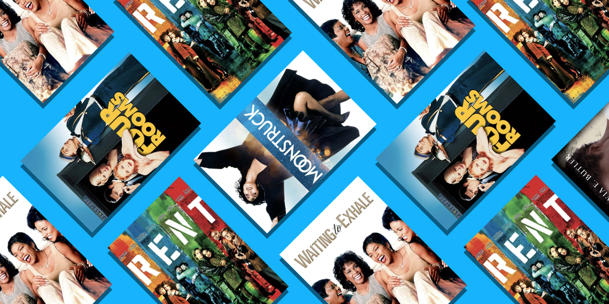 電影動圖 桌布 壁紙 — 充滿重疊傾斜的《Rent》、《Moonstruck》和《Waiting to Exhale》電影海報的鮮豔藍色背景。