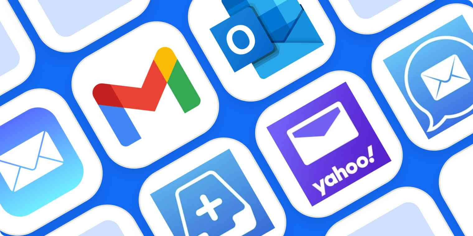 Yahoo Mail 桌布 壁紙 — 充滿重疊的電子郵件應用程式圖示（包括 Gmail、Yahoo 和 Outlook）的鮮豔藍色背景。