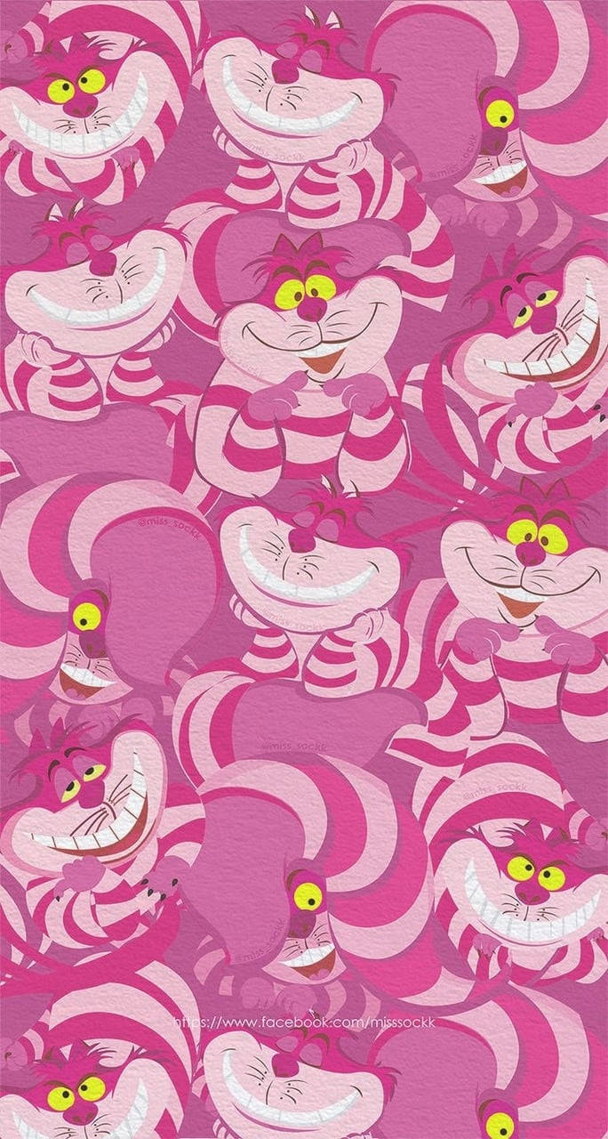 Alice In Wonderland Phone 桌布 壁紙 — 充滿重複卡通笑臉貓（黃眼睛、條紋身體）的鮮豔粉紅色壁紙。