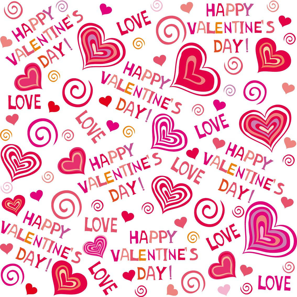 Valentines 桌布 壁紙 — 充滿重複心形、漩渦和節日文字的鮮豔情人節桌布，採用粉紅、紅和橙色調。