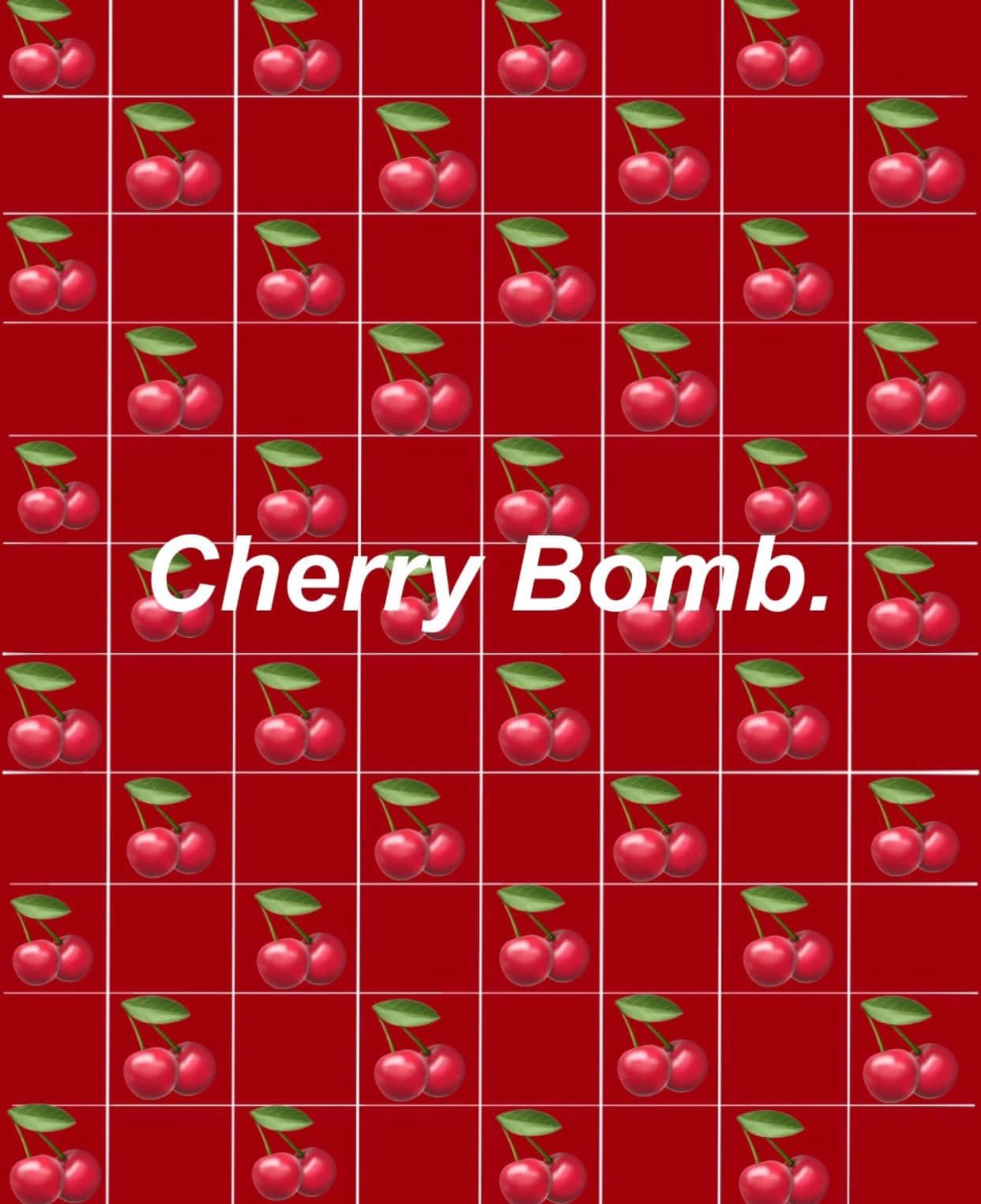 紅色動圖 桌布 壁紙 — 充滿重複櫻桃簇的鮮紅色背景，以及寫著 Cherry Bomb 的白色文字。