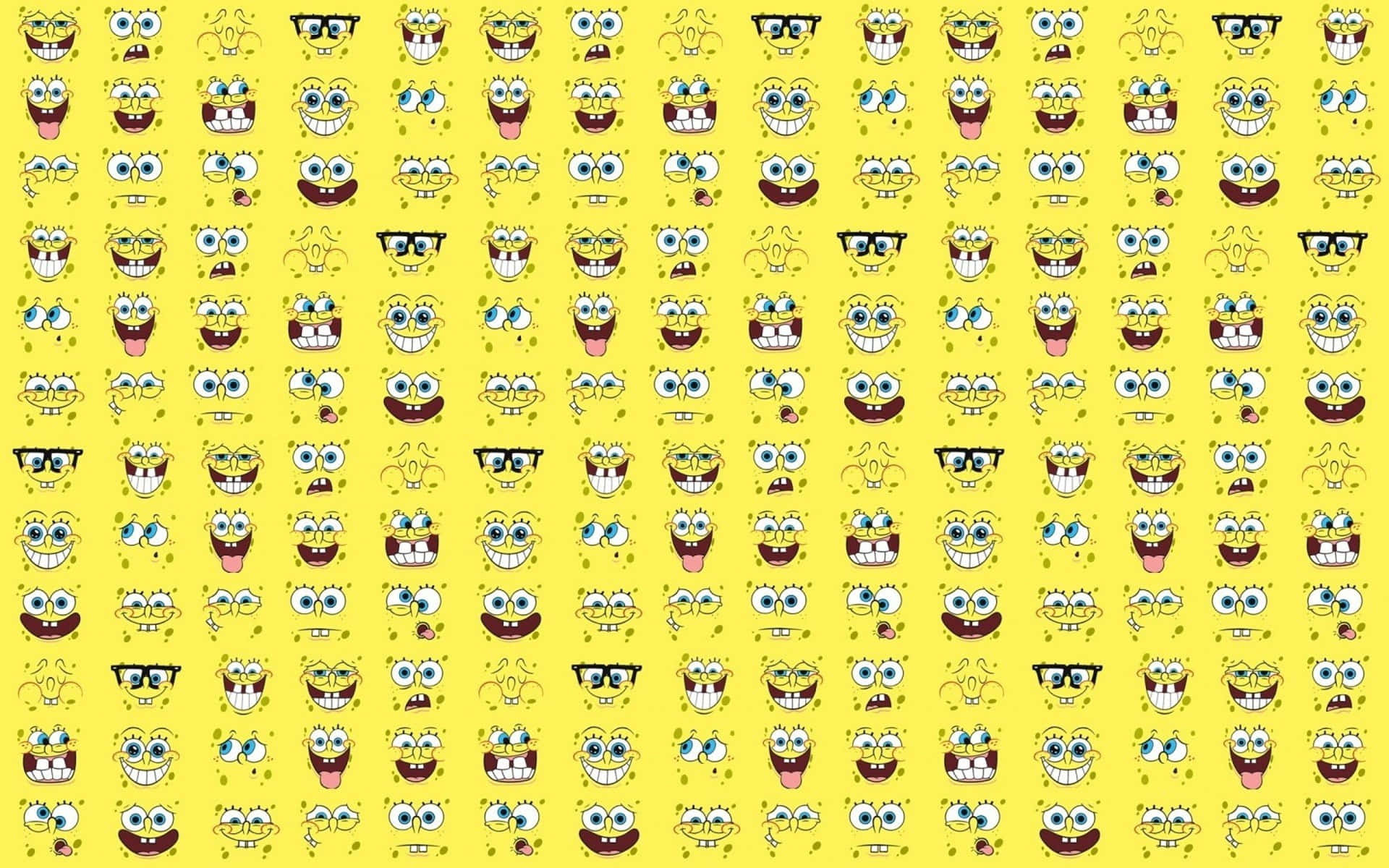 Aesthetic Spongebob 桌布 壁紙 — 充滿重複海綿寶寶卡通面孔的鮮黃色壁紙，表情各異。