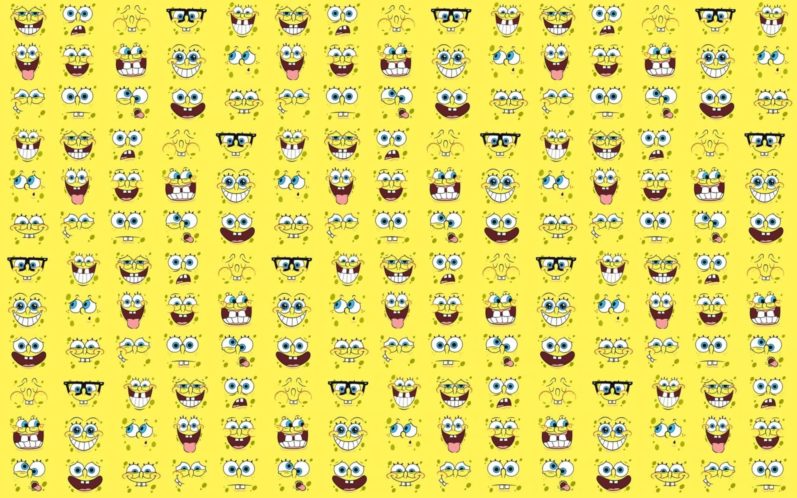 Spongebob Characters 桌布 壁紙 — 充滿重複海綿寶寶卡通面孔的鮮黃色壁紙，表情各異。