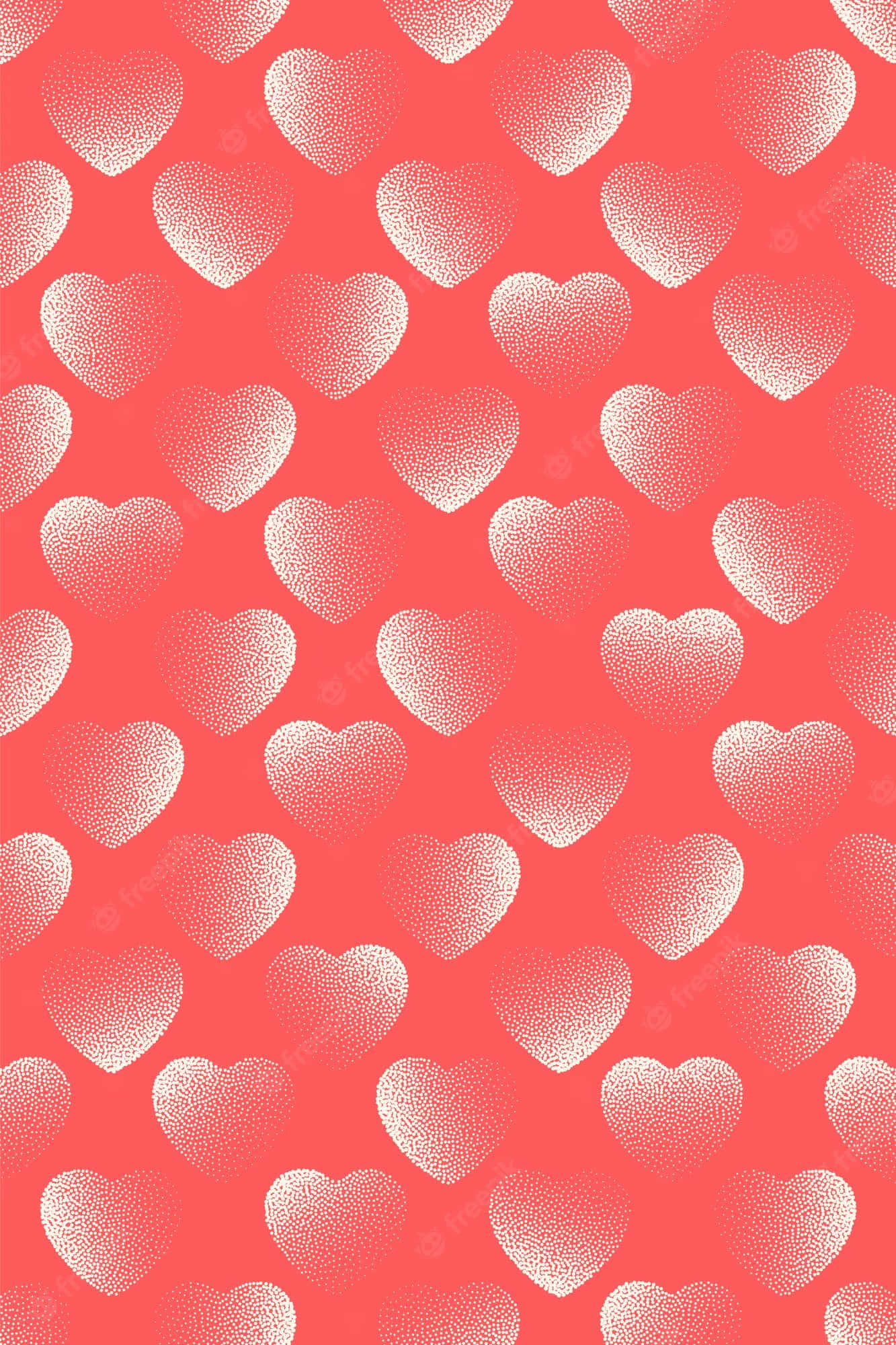 Cute Hearts 桌布 壁紙 — 充滿重複白色心形圖案的鮮豔珊瑚背景，採用點狀半色調圖案。