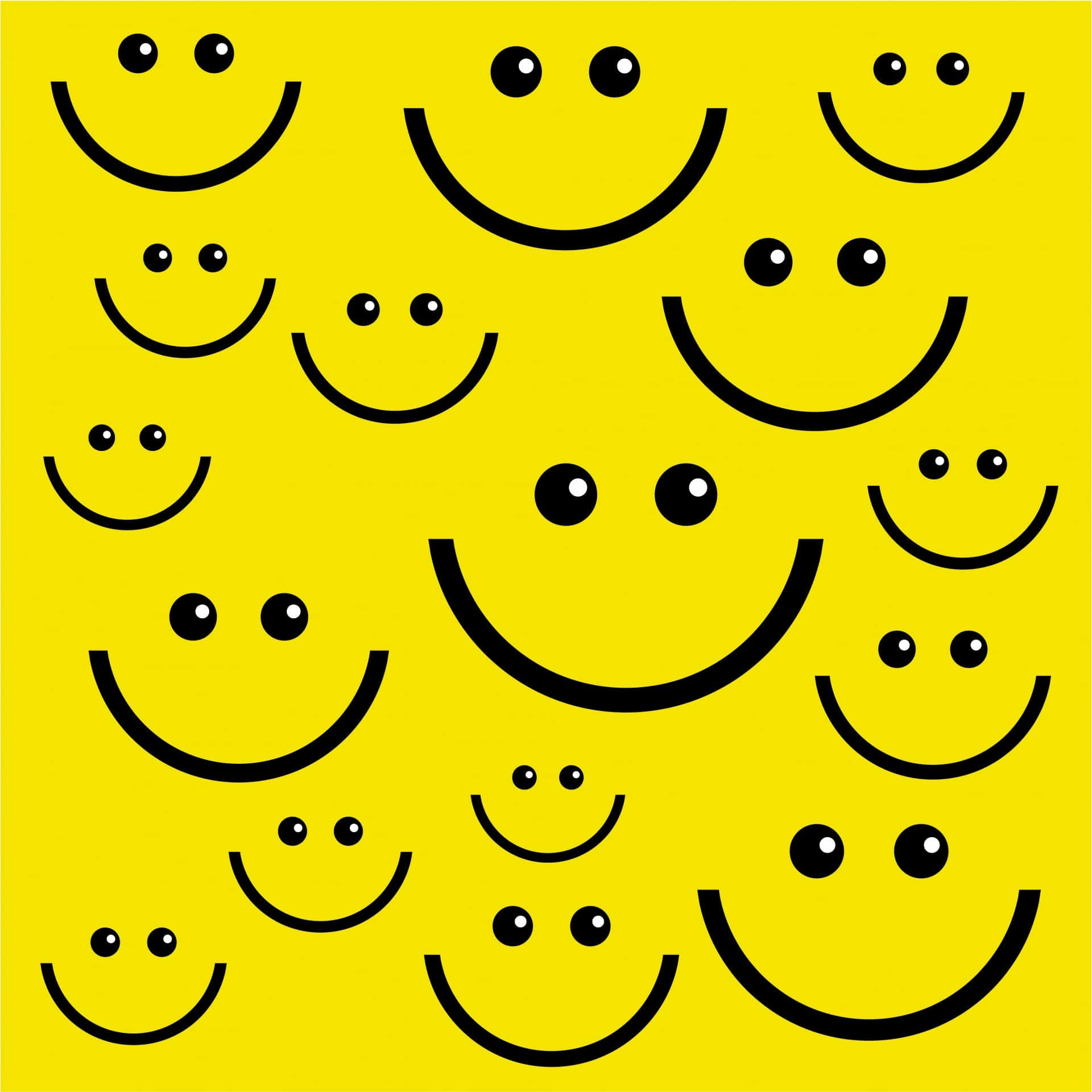 Smile 桌布 壁紙 — 充滿重複簡單黑色笑臉的鮮黃色背景，大小各異。