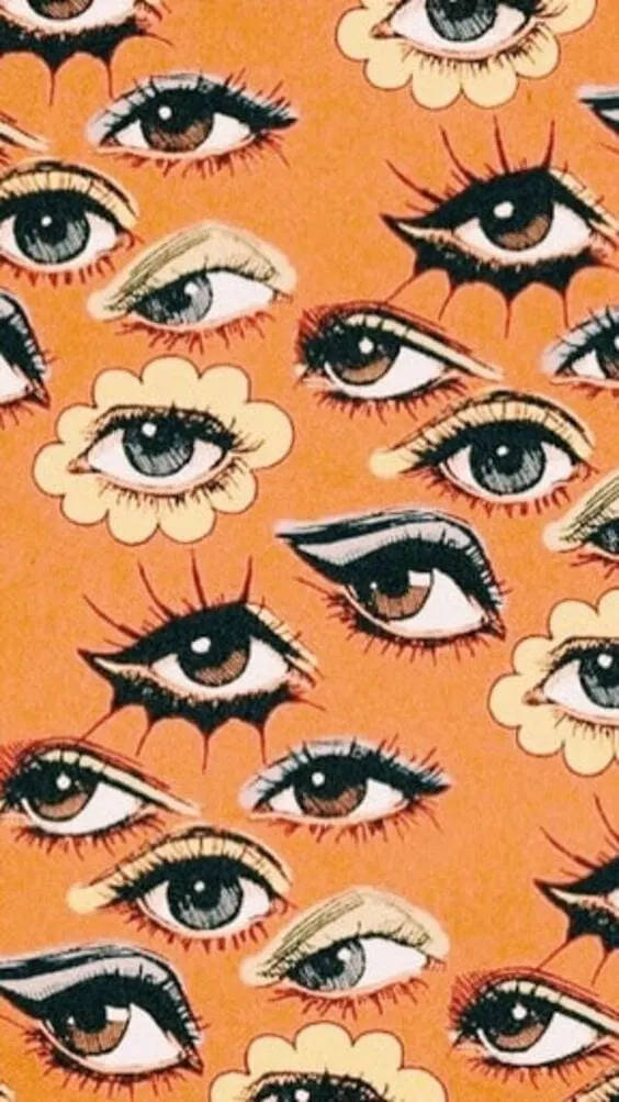 Eyes 桌布 壁紙 — 充滿重複風格化眼睛和花朵形狀的鮮豔橙色壁紙，採用復古漫畫藝術風格。