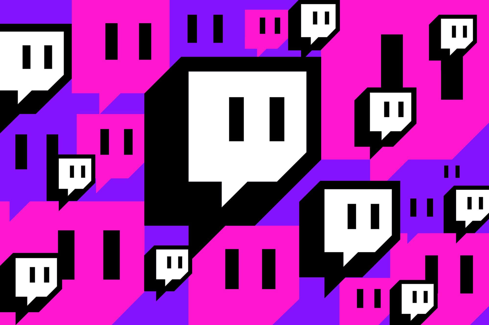 Twitch 桌布 壁紙 — 充滿重複黑白 Twitch 標誌對話氣泡的鮮豔粉紅和紫色幾何背景。