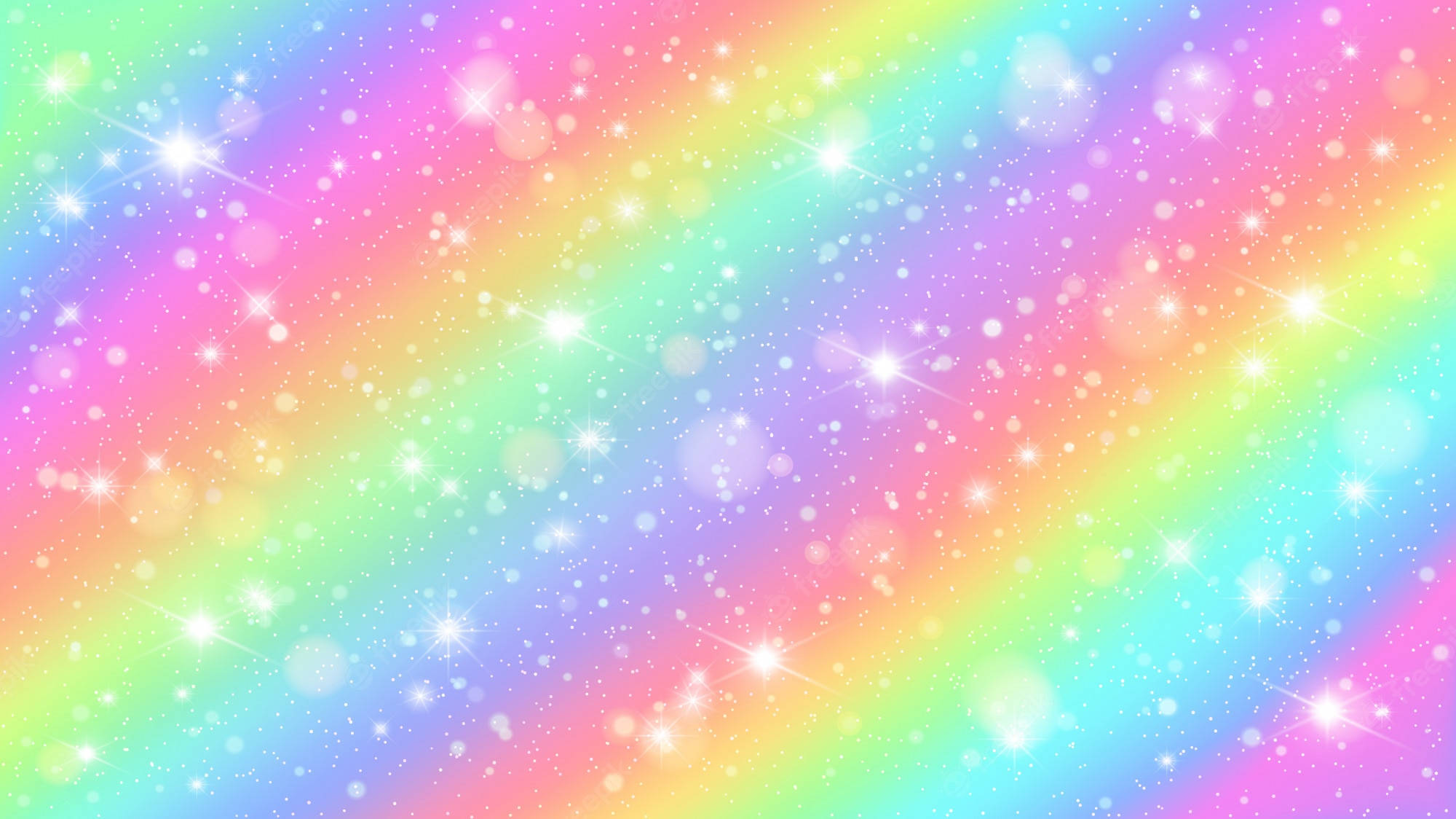 彩虹 桌布 壁紙 — 充滿閃爍星星和柔和發光散景燈光的鮮豔彩虹漸變天空。