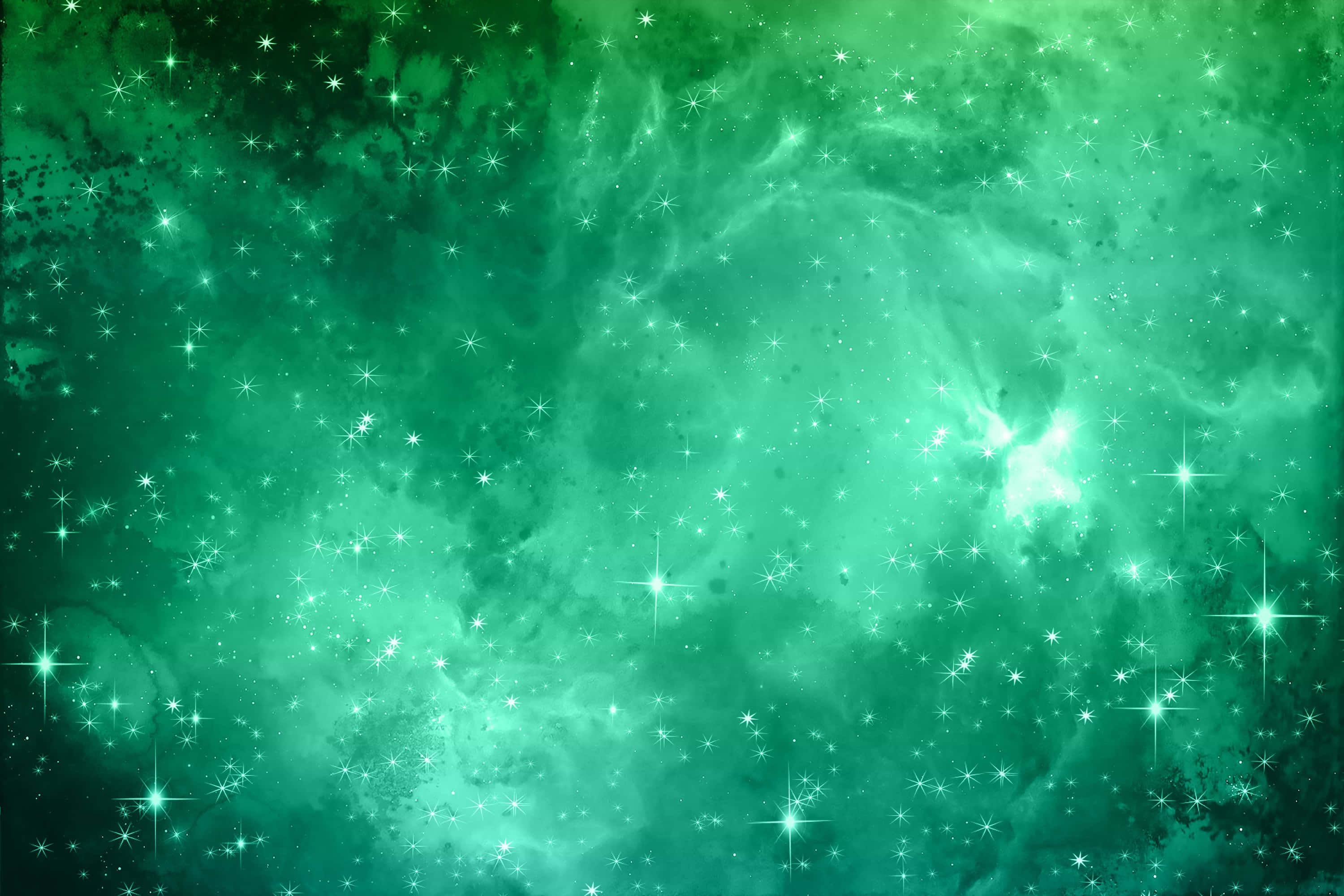 Pastel Galaxy 桌布 壁紙 — 充滿閃爍星星和發光星際氣體絲縷的充滿活力的綠色宇宙星雲。