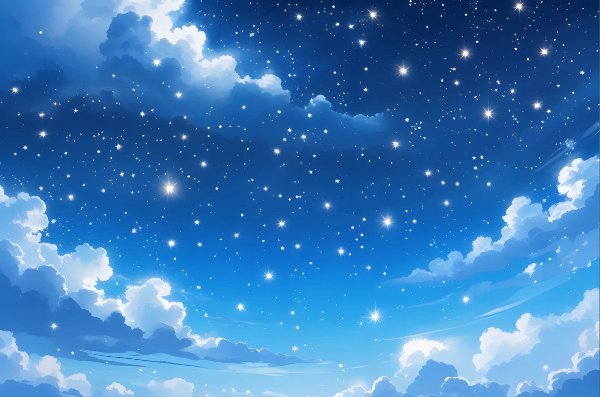 Blue sky scenery 壁紙 — 充滿閃爍星星和蓬鬆白雲的鮮豔動畫夜空，背景為深藍色漸變。