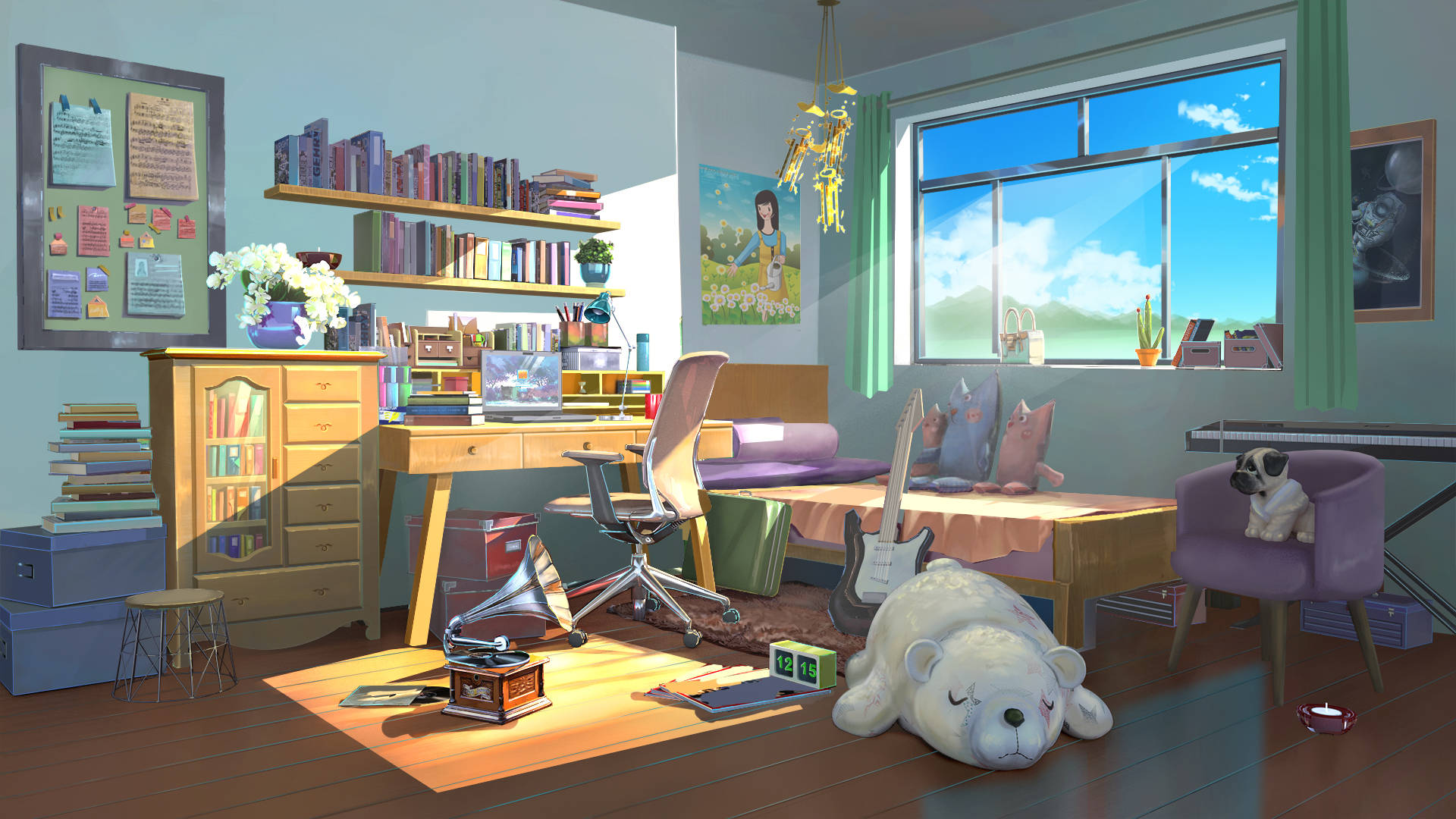 Bedroom 桌布 壁紙 — 充滿陽光的舒適臥室，放滿書籍、音樂器材和一隻正在睡覺的北極熊玩偶。