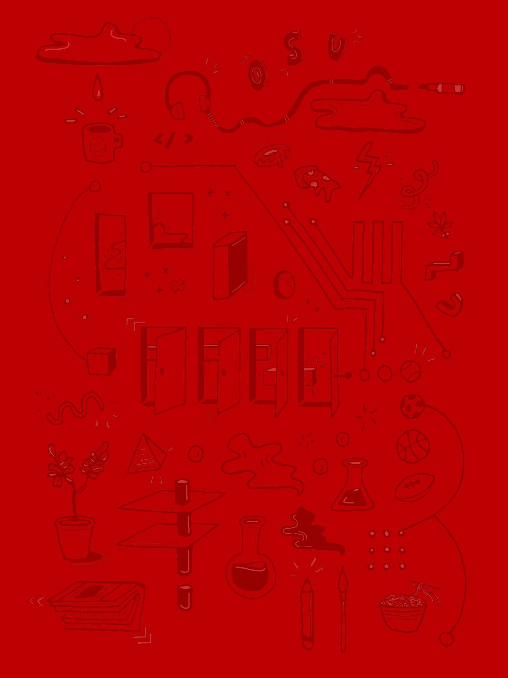Ohio 桌布 壁紙 — 充滿隨機物品（如書本、耳機和實驗燒瓶）的極簡線條畫的鮮紅色背景。