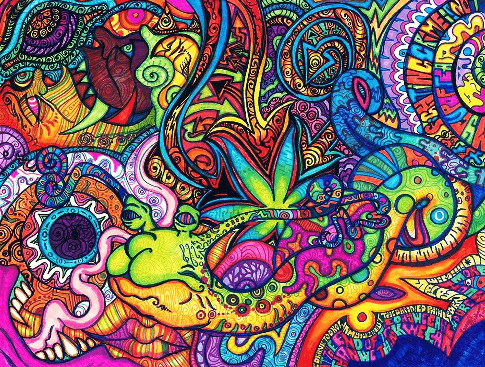 迷幻動圖 桌布 壁紙 — 充滿電光色彩的迷幻藝術作品，帶有漩渦圖案和超現實有機形狀。
