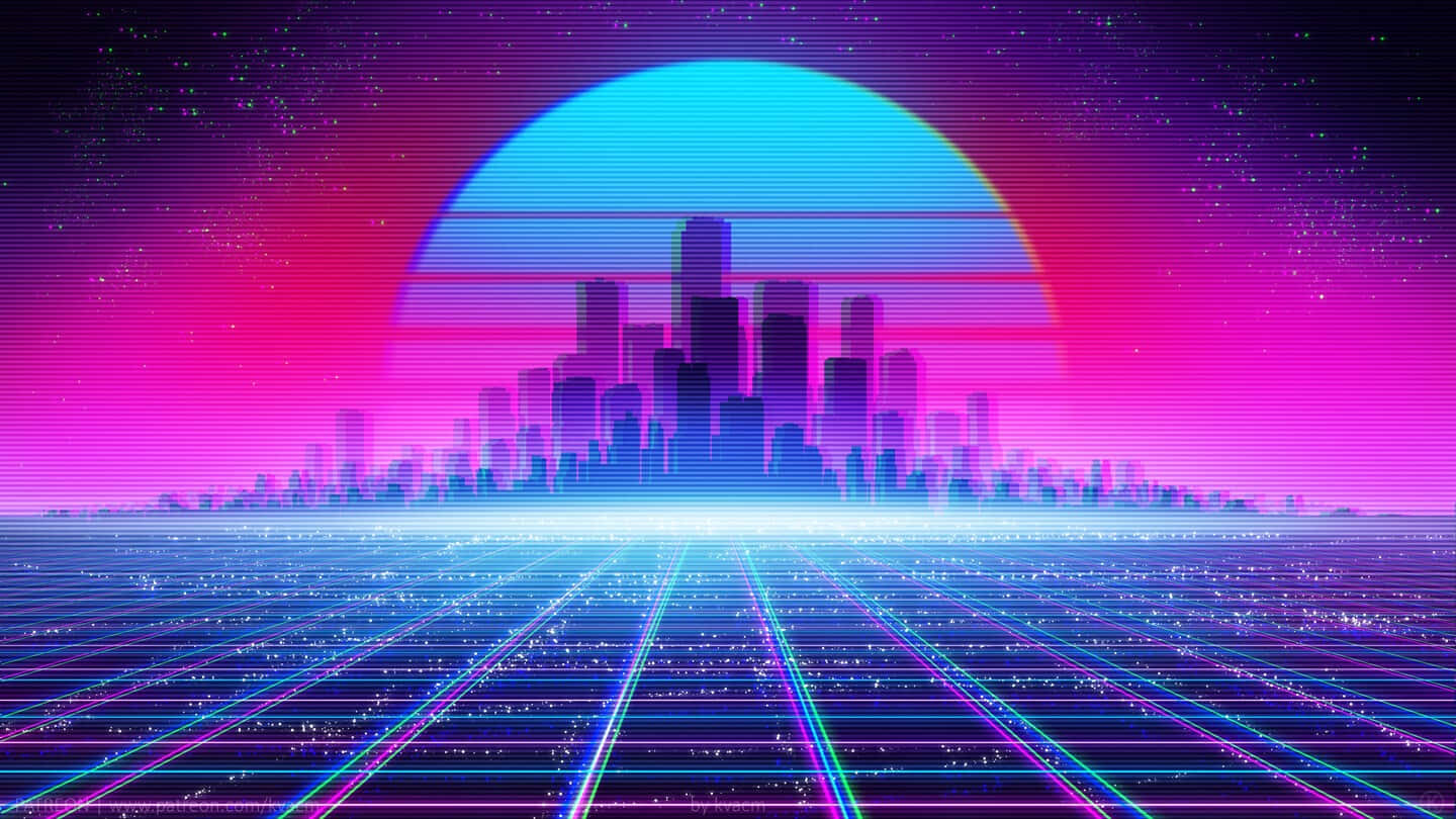 Silhouette 桌布 壁紙 — 充滿霓虹燈光的復古未來主義城市景觀，在發光的青色和洋紅色太陽下，網格線向地平線延伸。