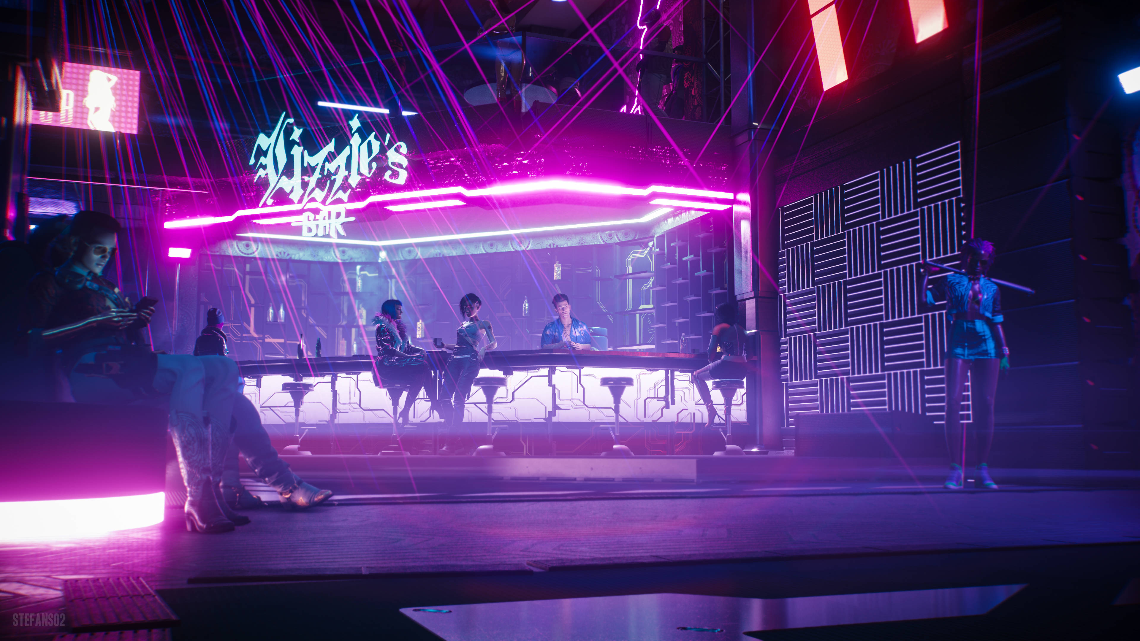 Bar 桌布 壁紙 — 充滿霓虹燈的 cyberpunk 酒吧，顧客在發光的吧檯前，舞台上有表演者在充滿活力的粉紅色和紫色燈光下表演。