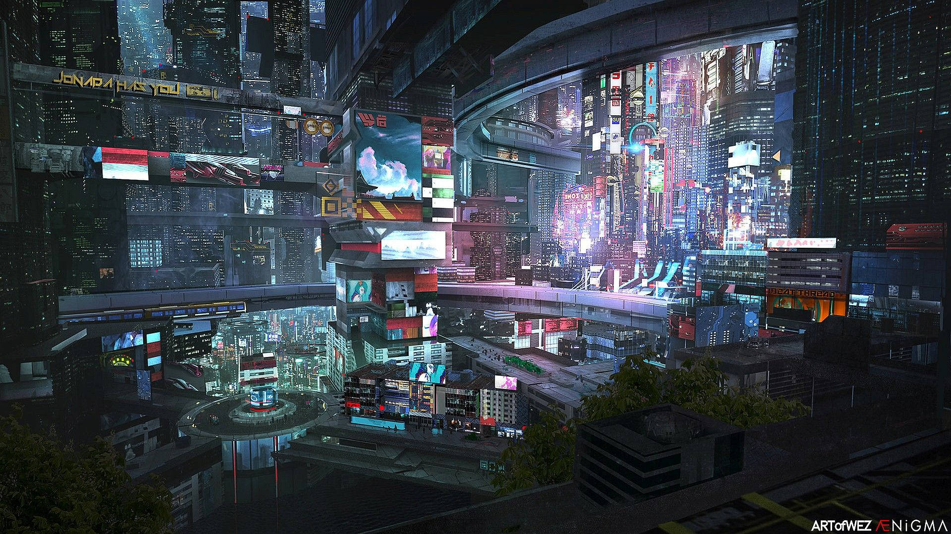 賽博龐克城市 桌布 壁紙 — 充滿霓虹燈的未來城市夜景，高聳的摩天大樓和發光的廣告牌映照在濕漉漉的街道上。