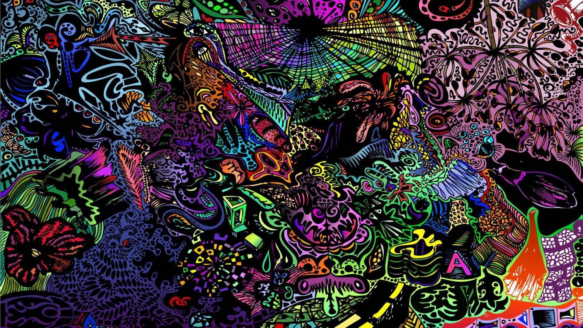 嬉皮 桌布 壁紙 — 充滿霓虹色彩和複雜漩渦圖案的鮮豔迷幻數位藝術作品。