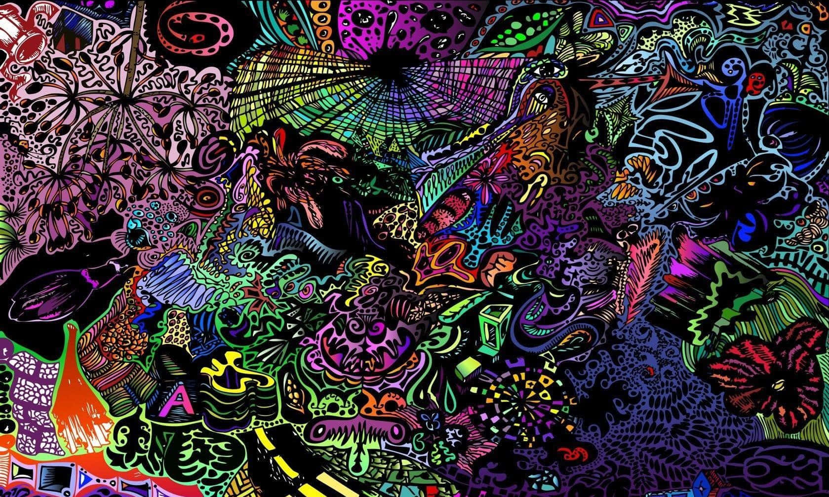 帶有漩渦圖案和霓虹色彩的鮮豔抽象塗鴉藝術。 — 迷幻暗黑美學 壁紙