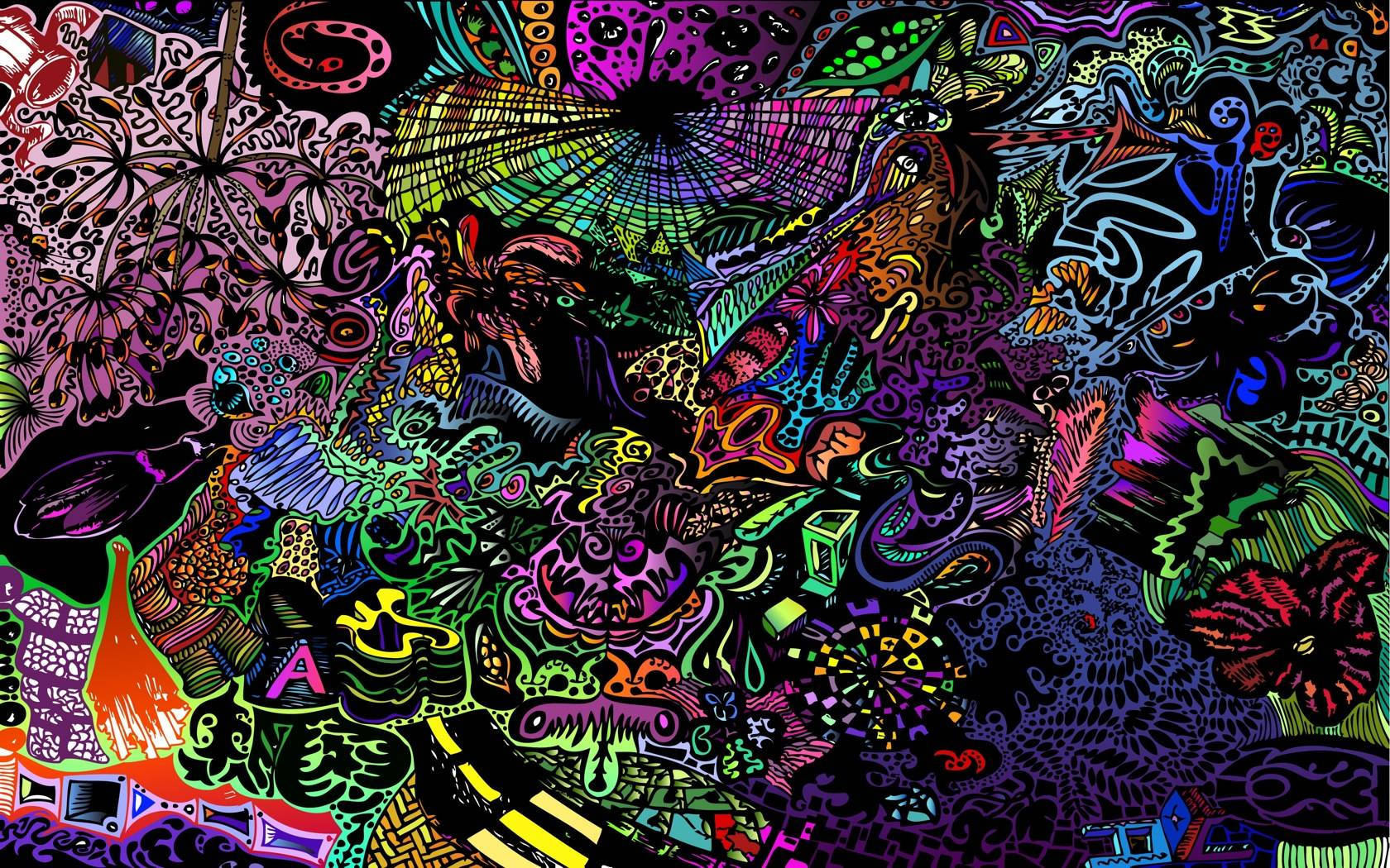 彩色動圖 桌布 壁紙 — 充滿霓虹色彩的迷幻插圖，帶有複雜圖案和超現實有機形狀。