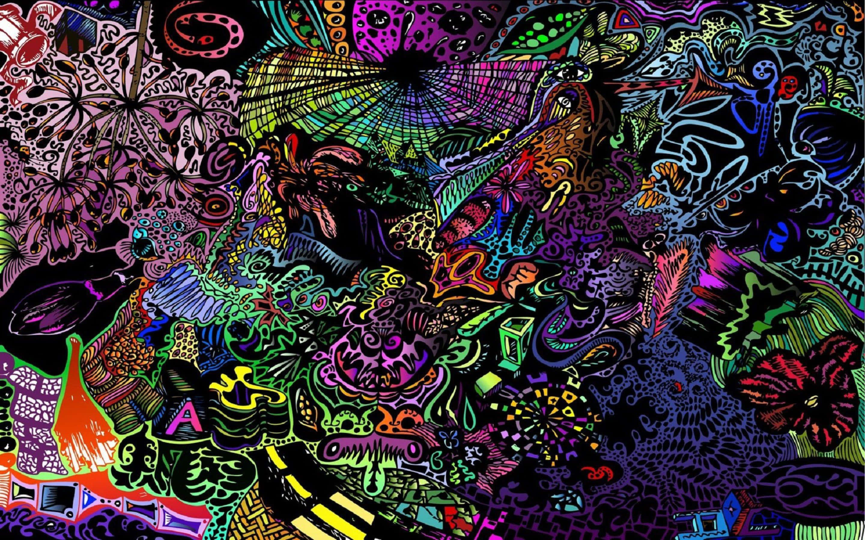 Psychedelic Nature 桌布 壁紙 — 充滿霓虹色彩的迷幻數位藝術作品，細節圖案與超現實有機形態交織。