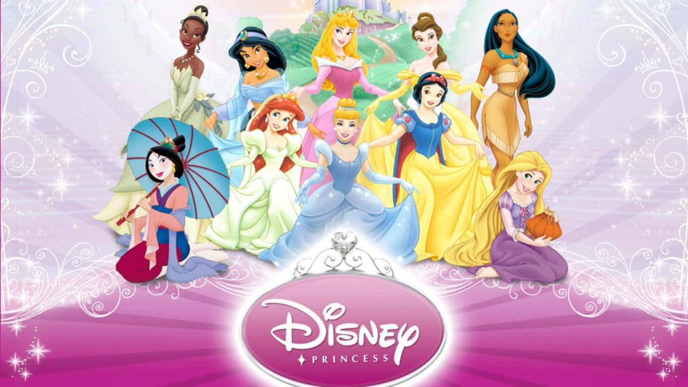 Disney Princesses 桌布 壁紙 — 充滿魔幻閃爍效果的迪士尼公主群像，配以紫色漸變背景及官方標誌。