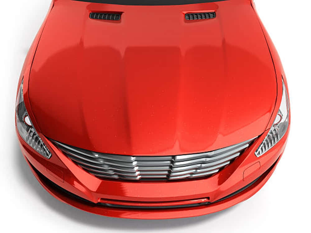 Car Hood 桌布 壁紙 — 光亮的紅色跑車引擎蓋，搭配鍍鉻格柵和時尚車頭燈，襯托在潔淨的白色背景上。