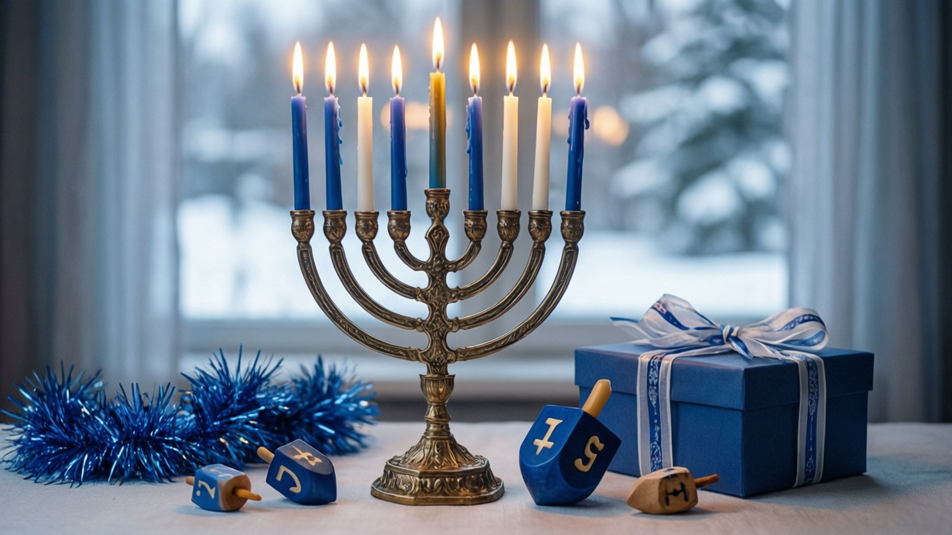 光明節燭台燈飾 壁紙 — 一個金色的 menorah 上點燃著蠟燭，旁邊放著藍色禮物和 dreidels，窗台上可以看到被雪覆蓋的樹木。