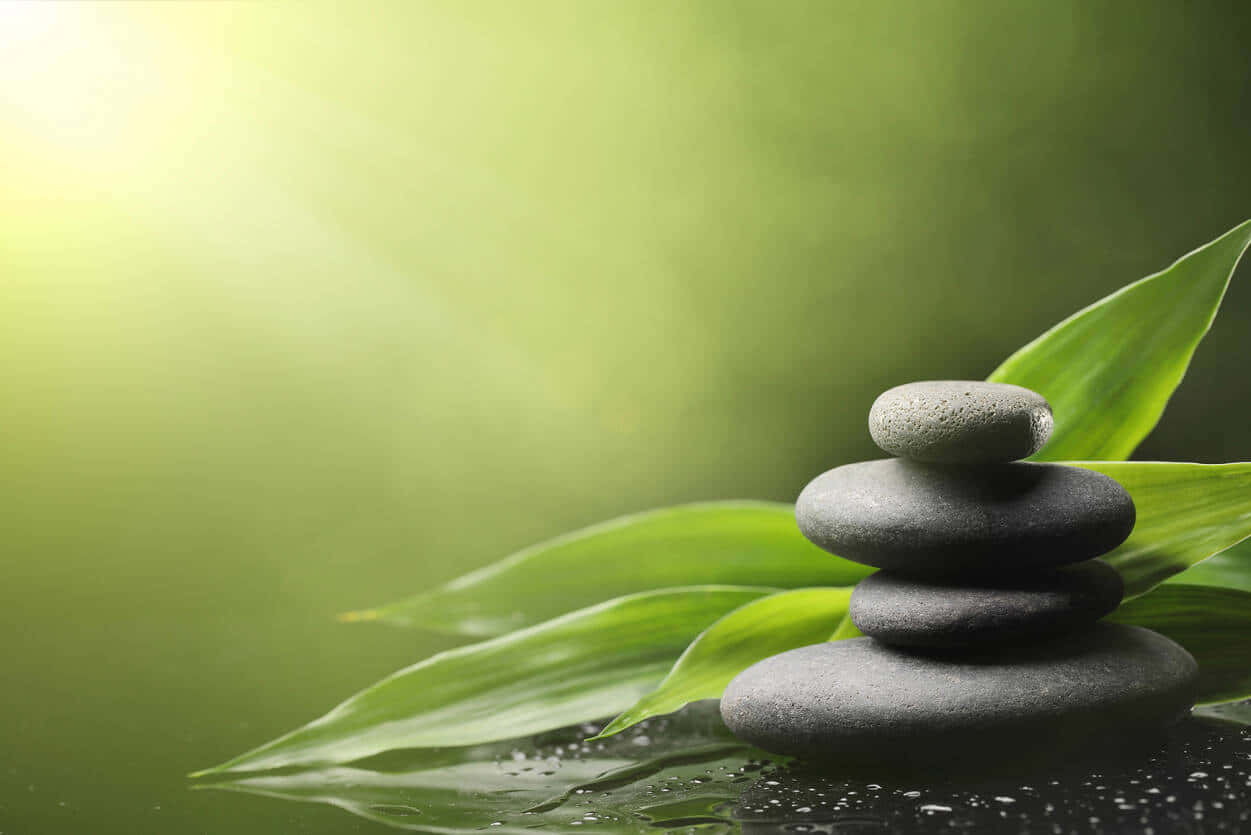禪 桌布 壁紙 — 光滑的灰色石頭堆疊在濕潤的竹葉上，旁邊是平靜的水面，在柔和的綠光下。