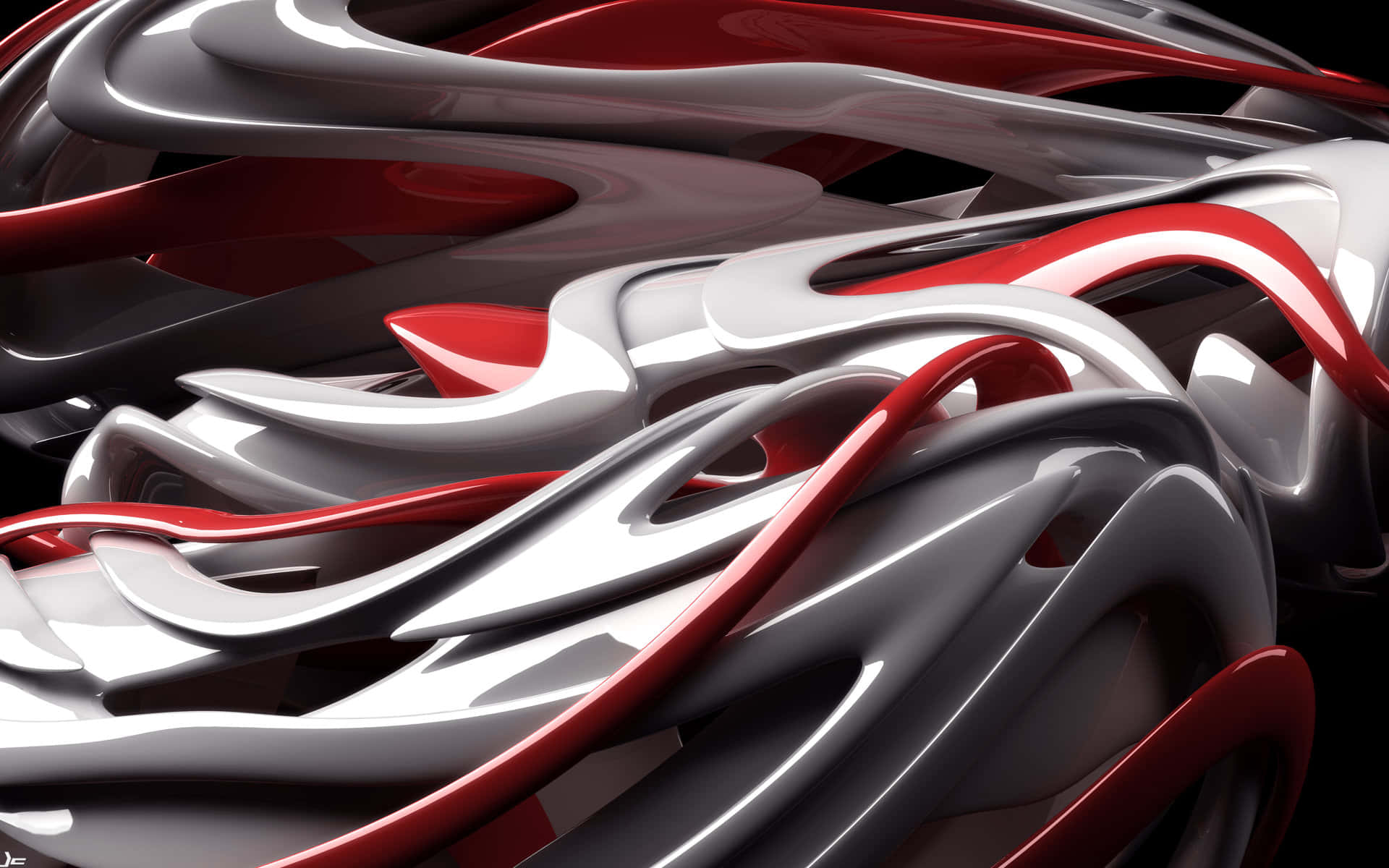 Cool Abstract 桌布 壁紙 — 光滑的紅色、銀色和黑色簡約抽象形態在深色背景上動態流動。
