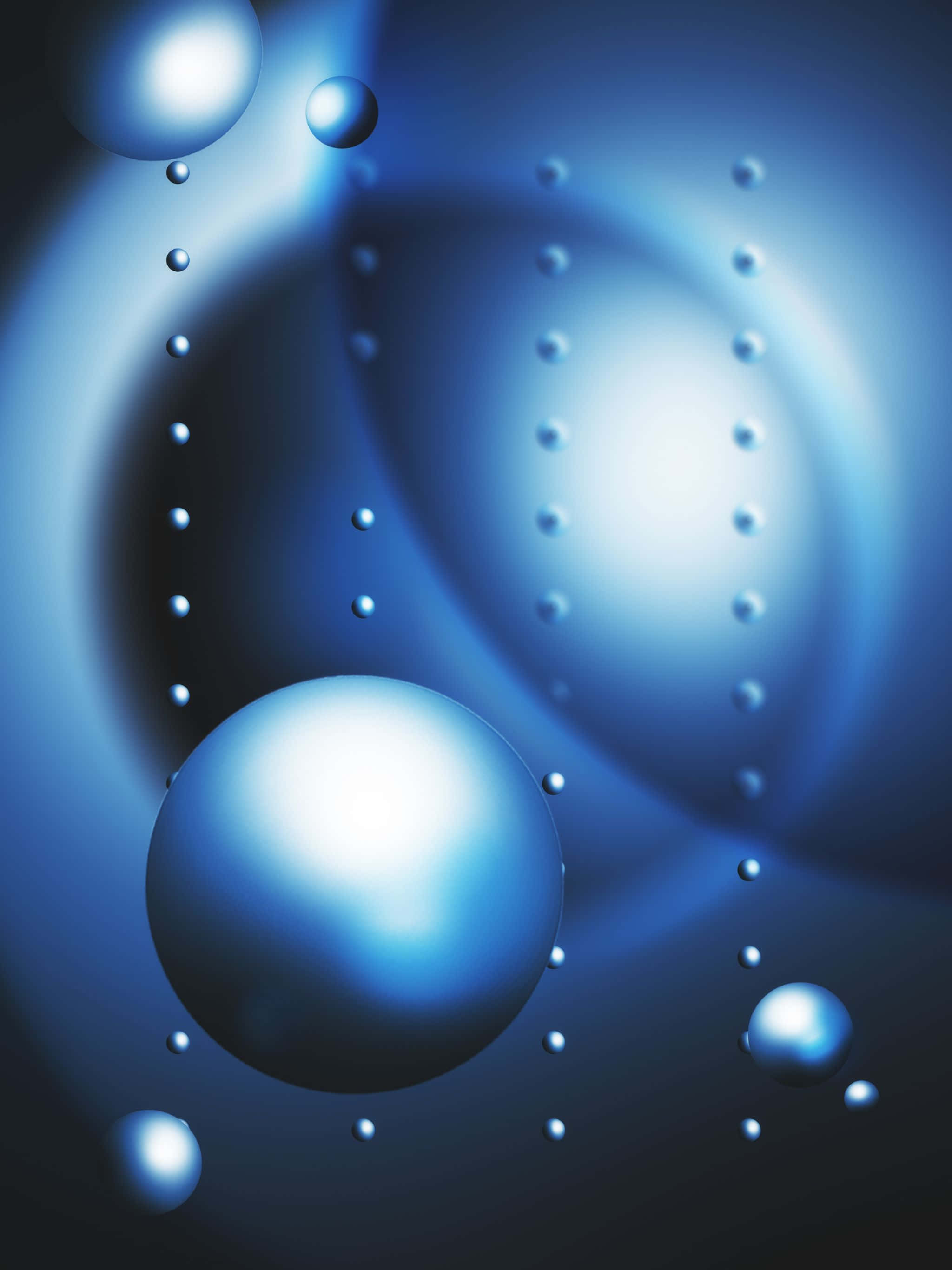 2048x2732 桌布 壁紙 — 光滑的藍色球體和液滴漂浮在漸變藍色虛空中，帶有柔和發光的光暈和徑向光條。