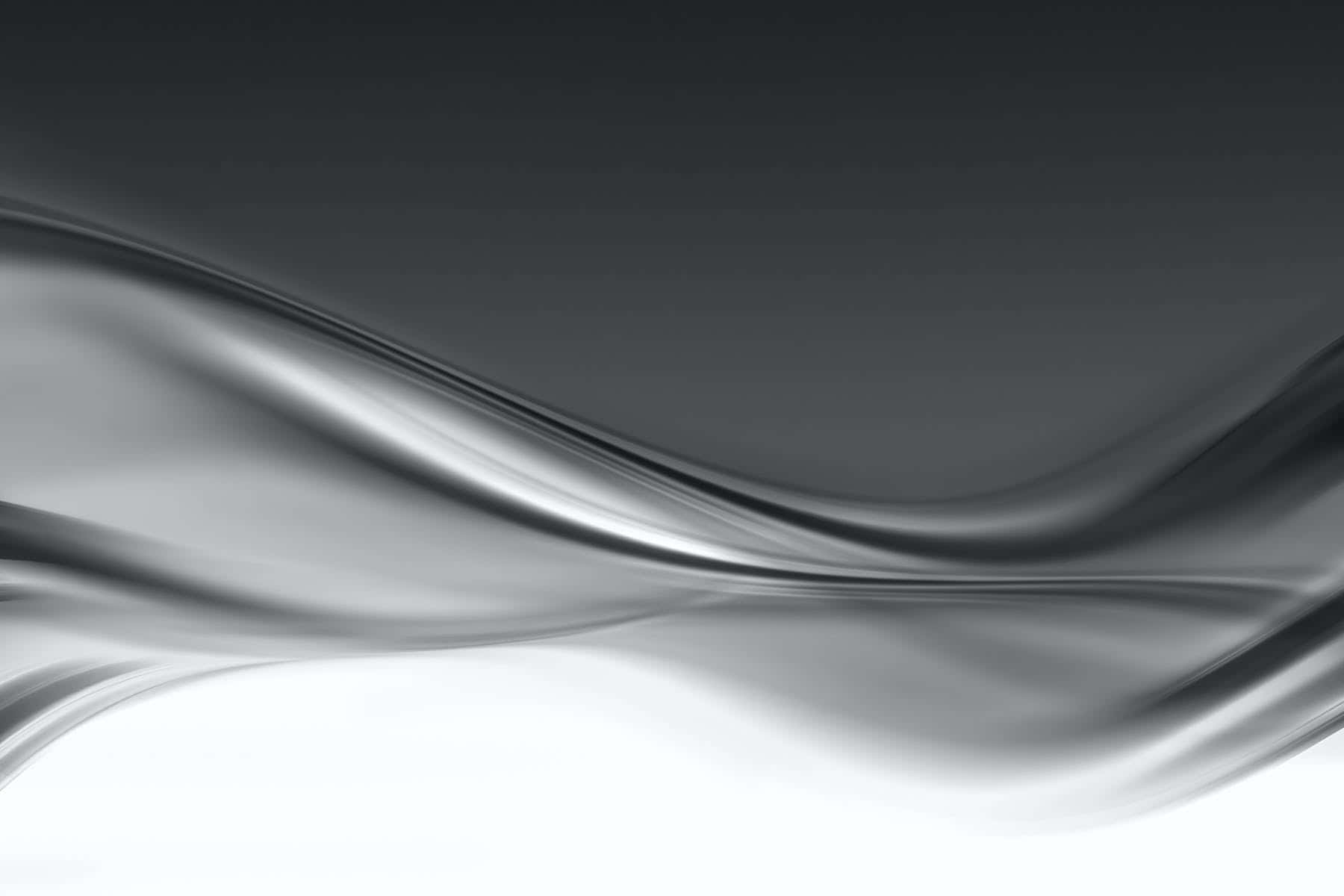 Dark Texture 桌布 壁紙 — 光滑的金屬銀色波浪在灰色到白色的漸層背景上優雅地彎曲。