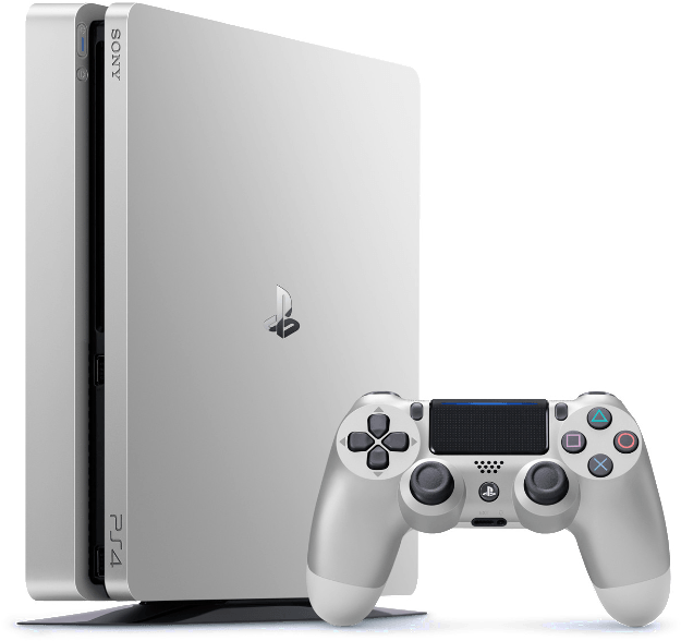 console 桌布 壁紙 — 光滑的銀色 PlayStation 4 主機和配套控制器，在漆黑的背景上帶有發光的藍色點綴。