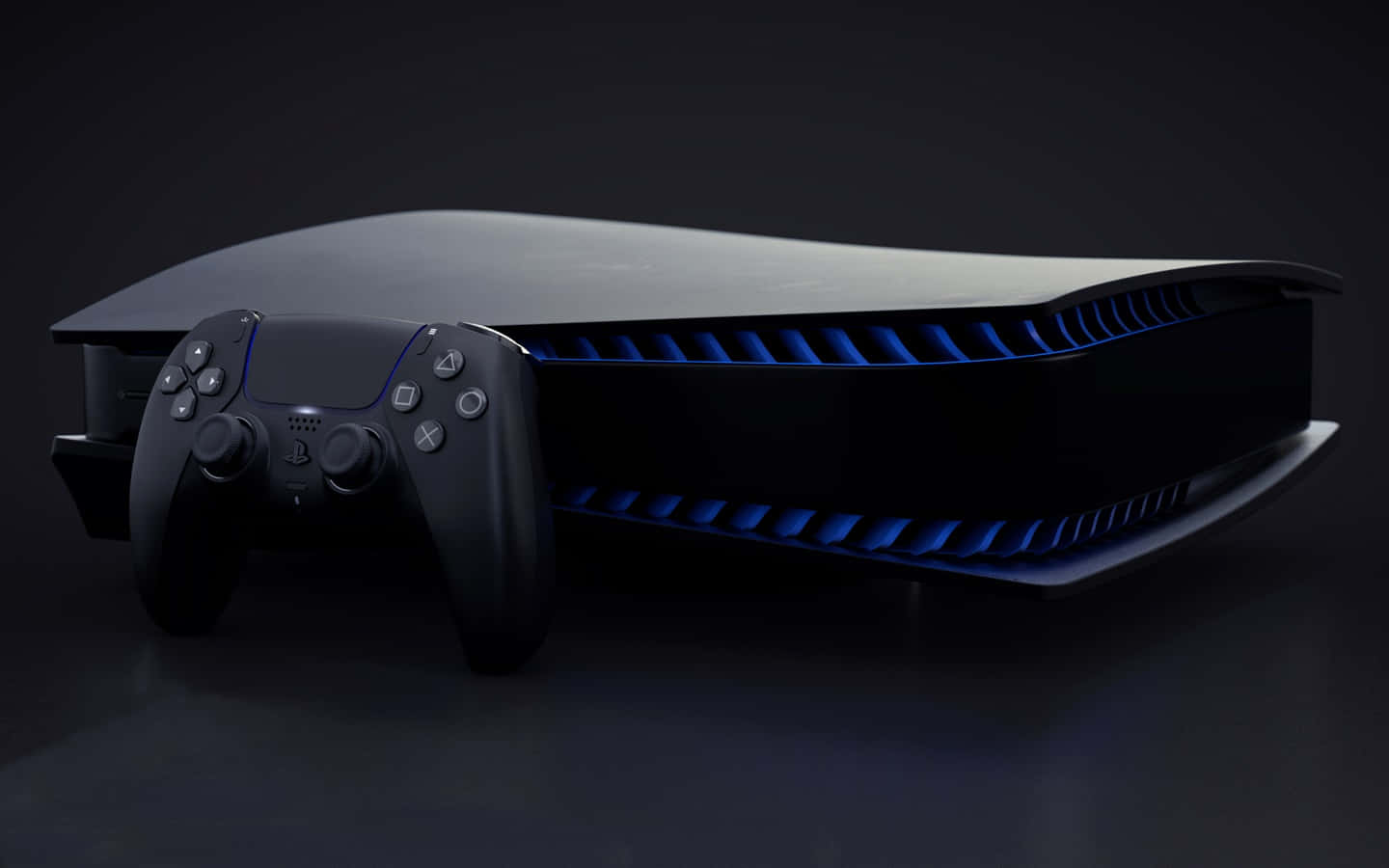 PS5 動態圖片 桌布 壁紙 — 光滑黑色PlayStation 5主機，帶有發光藍色LED燈和控制器，置於深色表面上。