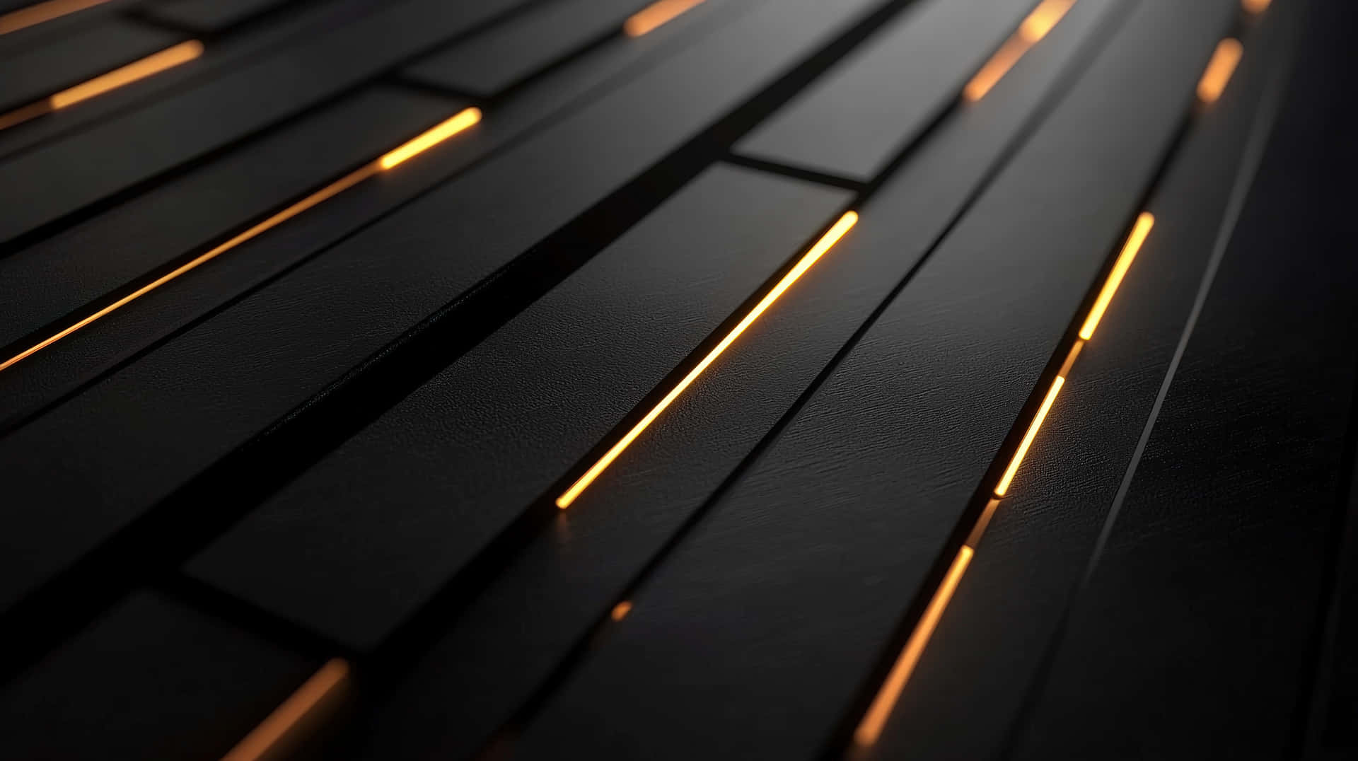 Modern Black Surface with Glowing Light Strips 壁紙 — 光滑黑色紋理面板的特寫，帶有發光的金色線條，營造出現代科技美學。