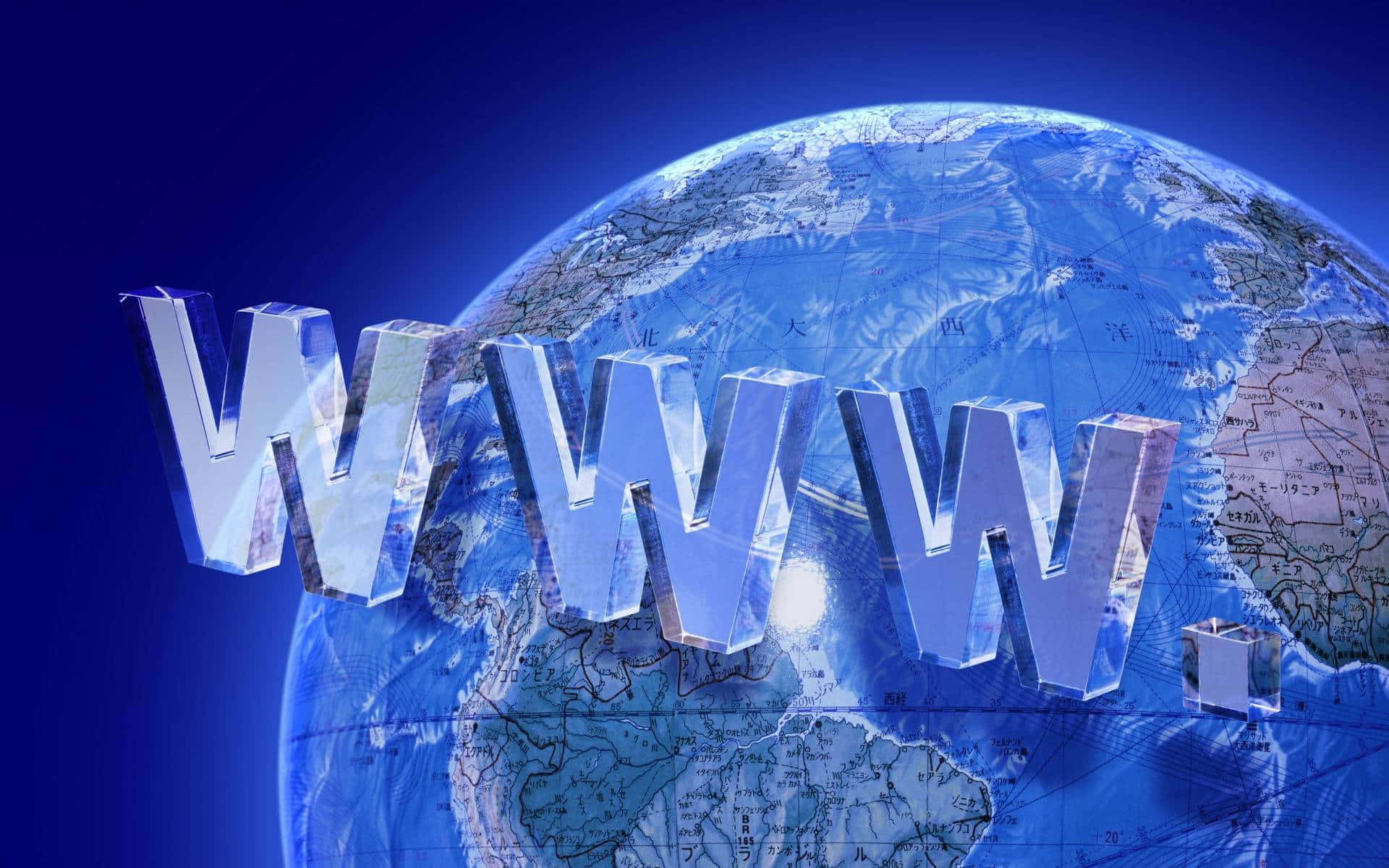 Website 桌布 壁紙 — 光澤3D www字母漂浮在顯示大陸和海洋的詳細藍色地球儀前。