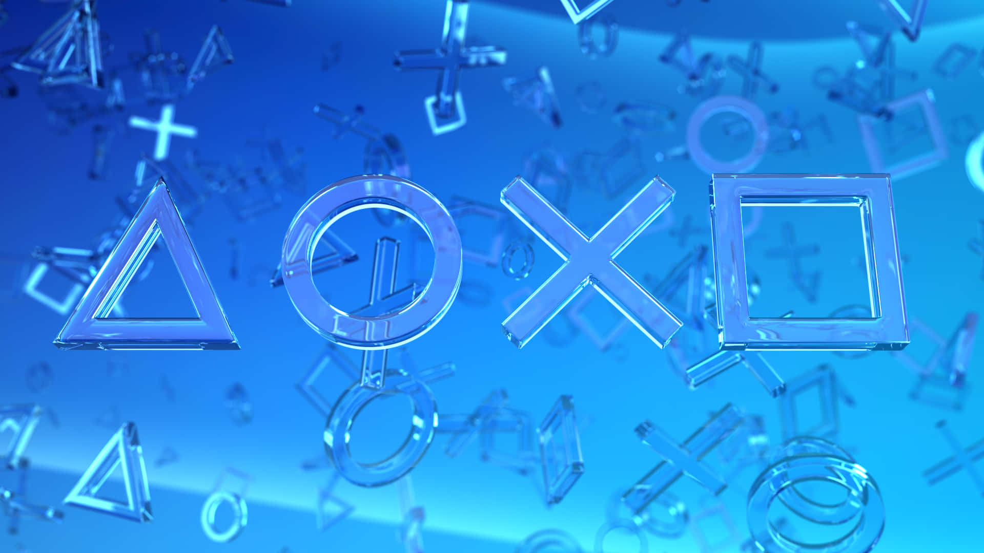 PlayStation 桌布 壁紙 — 光澤半透明的PlayStation控制器按鈕漂浮在漸變藍色數位空間中。