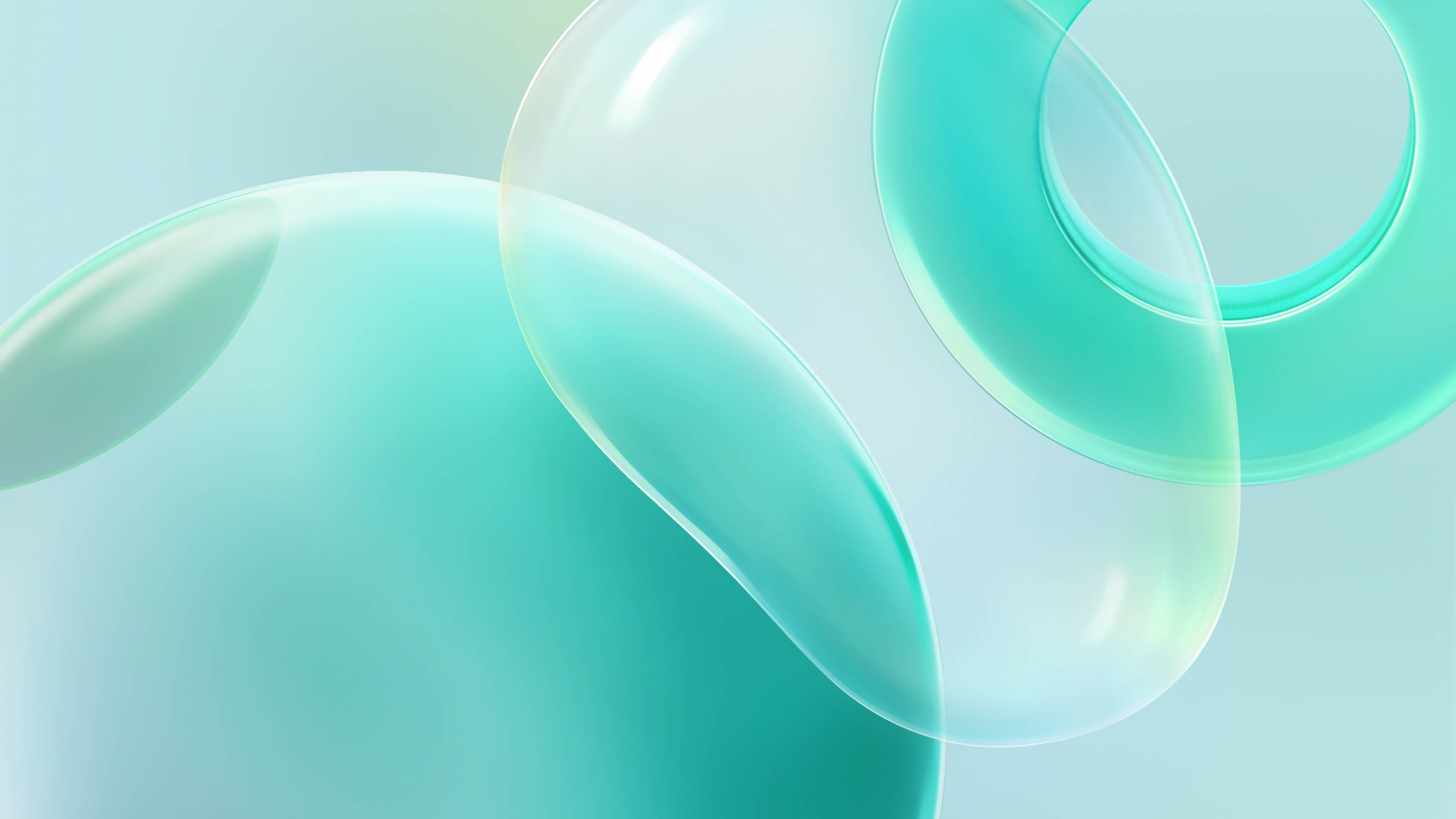 Bubbles 桌布 壁紙 — 光澤半透明青綠色氣泡在淡藍色漸變背景上輕輕漂浮。