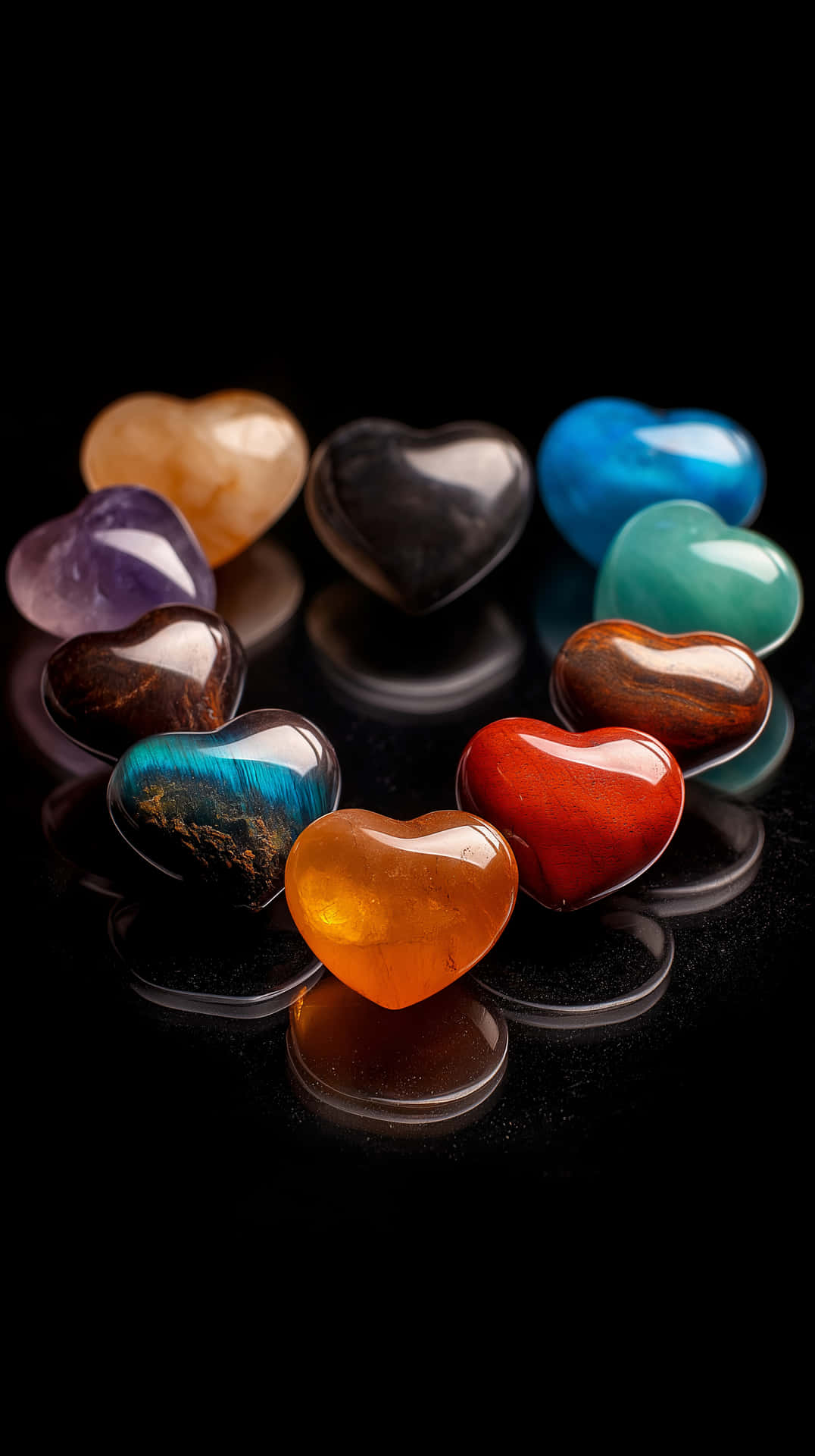 Crystal Heart Refraction 壁紙 — 光澤心形寶石以鮮豔色彩排列在反光黑色表面上。