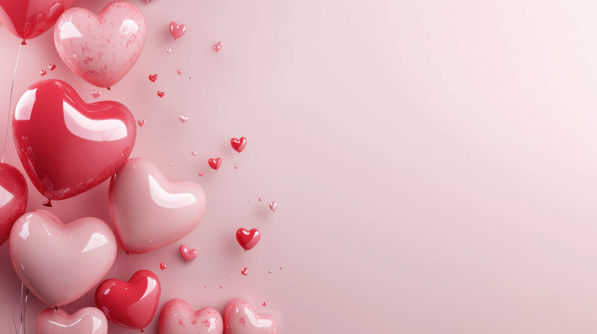 Floating Heart Balloons on a Soft Pink Background for Love and Romance 壁紙 — 光澤心形氣球以不同深淺的粉紅色在柔和的粉紅色背景上對角漂浮。