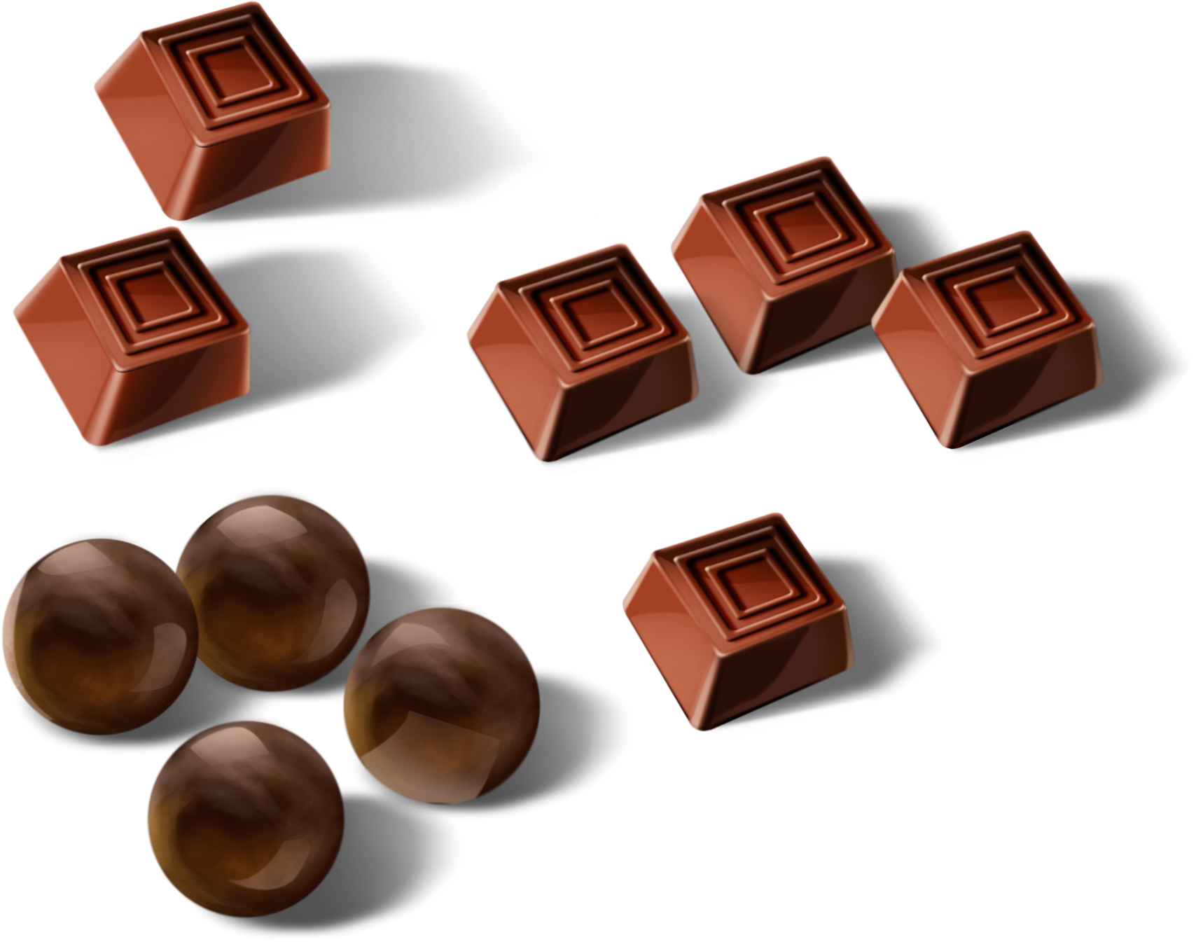 Chocolate 桌布 壁紙 — 光澤方形和圓形巧克力散落，帶有柔和陰影，襯托在純白背景上。