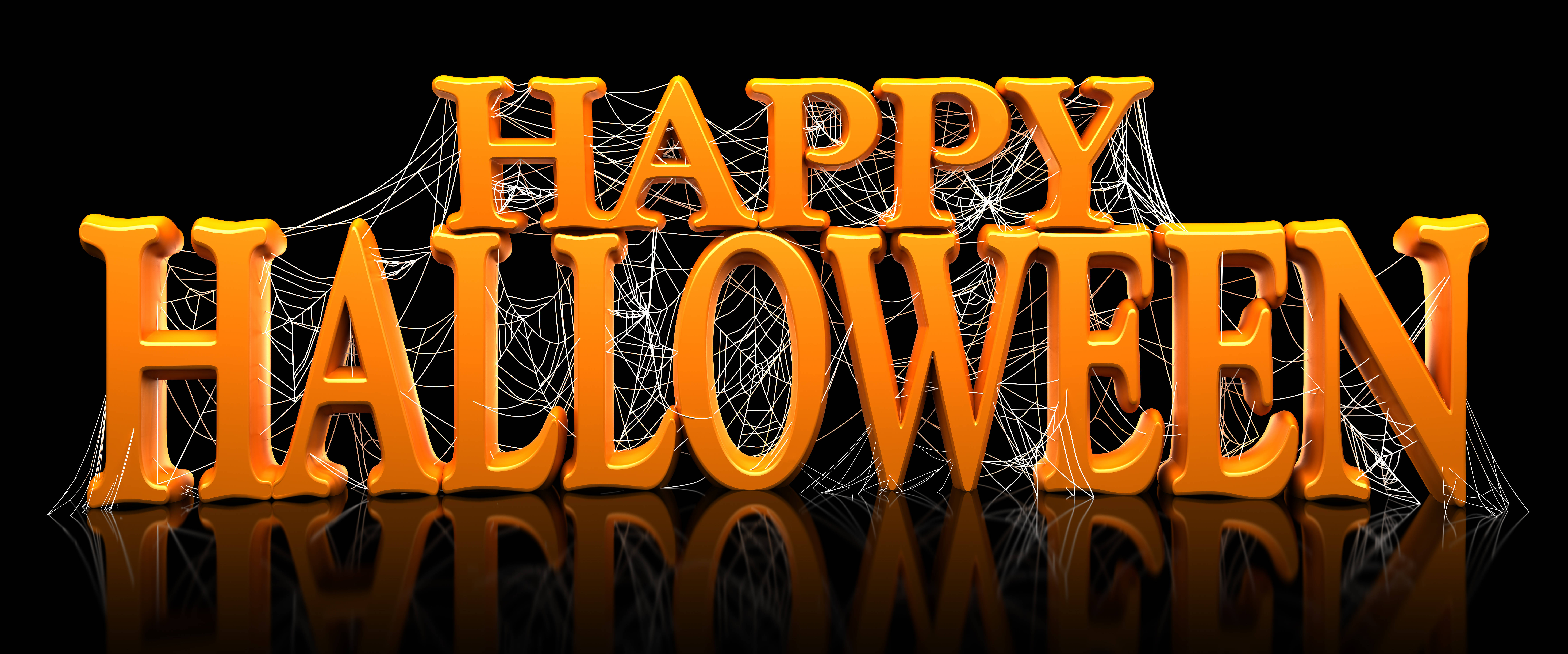Happy Halloween 桌布 壁紙 — 光澤橙色3D字母拼出happy halloween，披著白色蜘蛛網，置於黑色反光表面上。