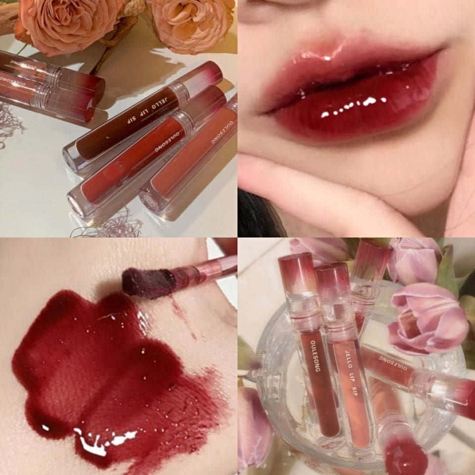 lipstick 桌布 壁紙 — 光澤深紅色唇彩管和試色，搭配柔和的粉紅玫瑰，呈現在時尚美容拼貼中。