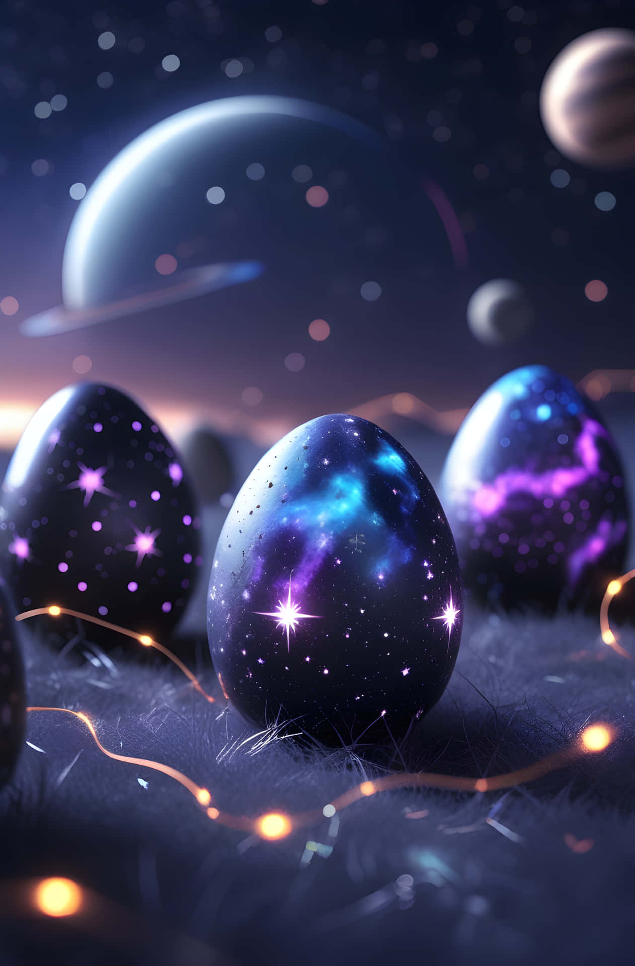 Celestial Hatchlings 壁紙 — 光澤的宇宙蛋，帶有旋轉星雲和發光星星，在行星點綴的星空下，躺在蓬鬆的黑暗地面上。