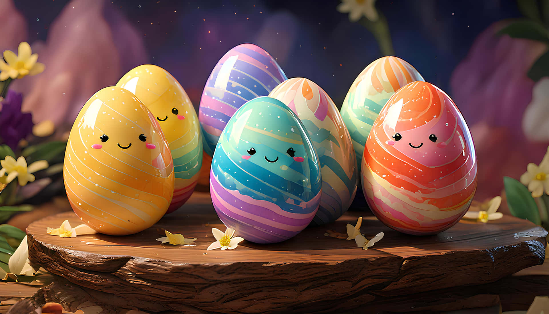 Easter eggs 壁紙 — 光澤的彩虹色復活節蛋帶有可愛的臉孔，坐在一塊木板上，周圍環繞著水仙花，背景是星光燦爛的黃昏天空。