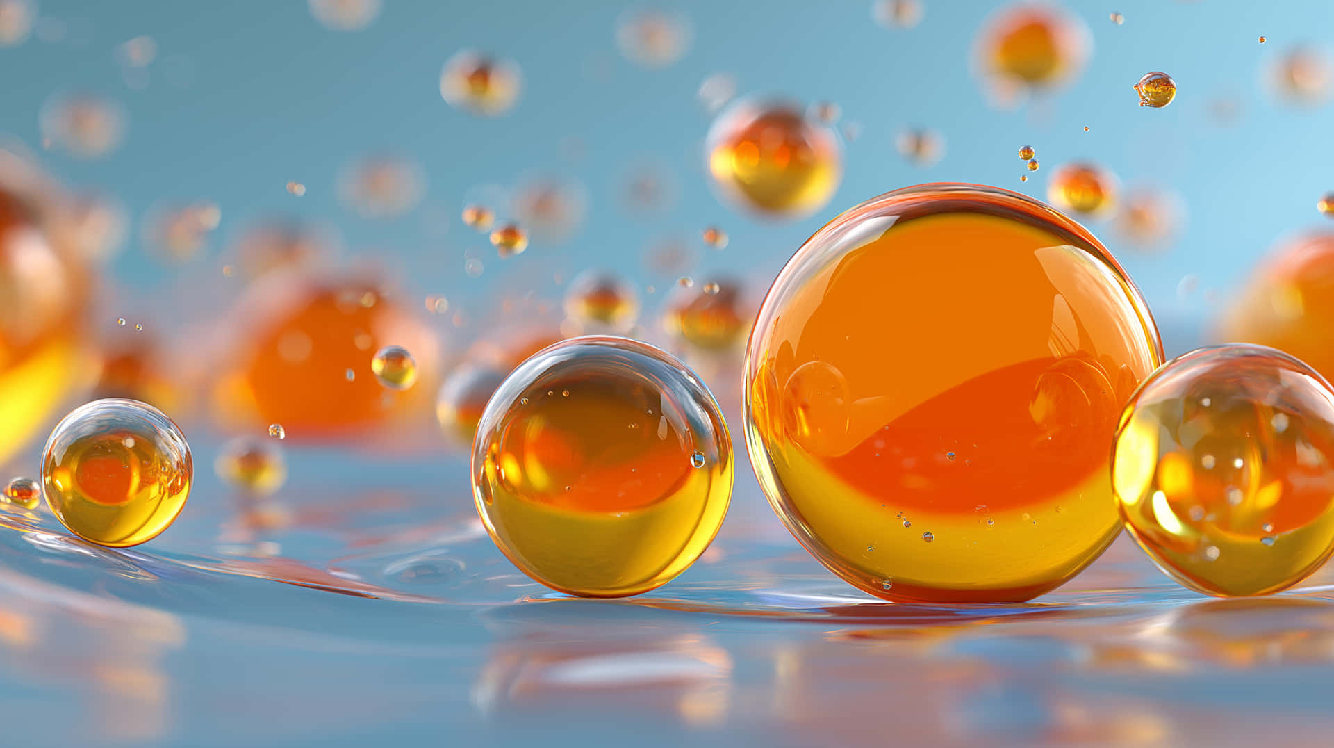 Colorful Oil Droplets 壁紙 — 光澤的琥珀色和透明液體球體漂浮並停留在帶有柔和散景背景的漣漪藍色表面上。