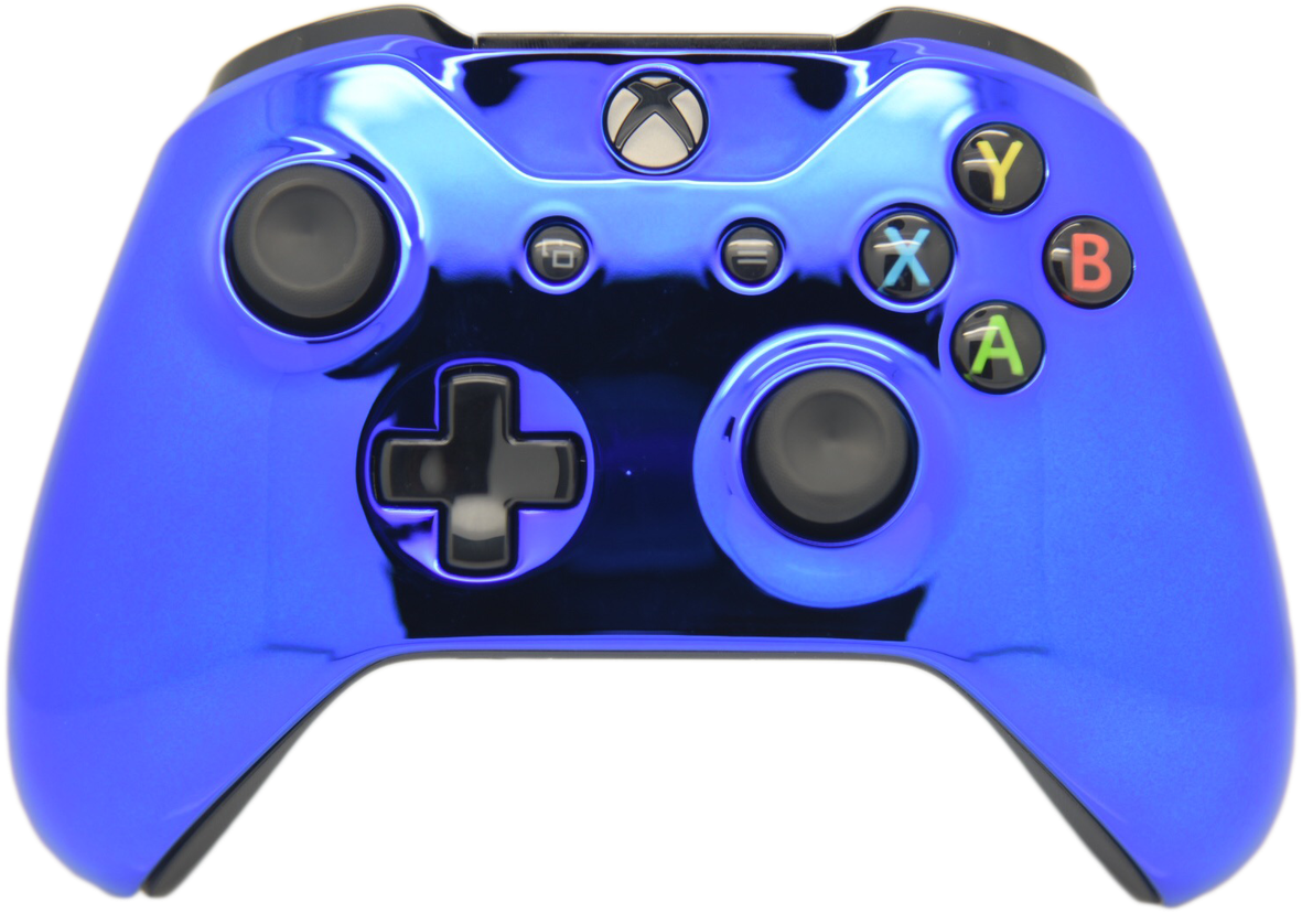 Xbox 桌布 壁紙 — 光澤的皇家藍色Xbox控制器，帶有黑色點綴和彩色面按鈕，在純黑色背景上。
