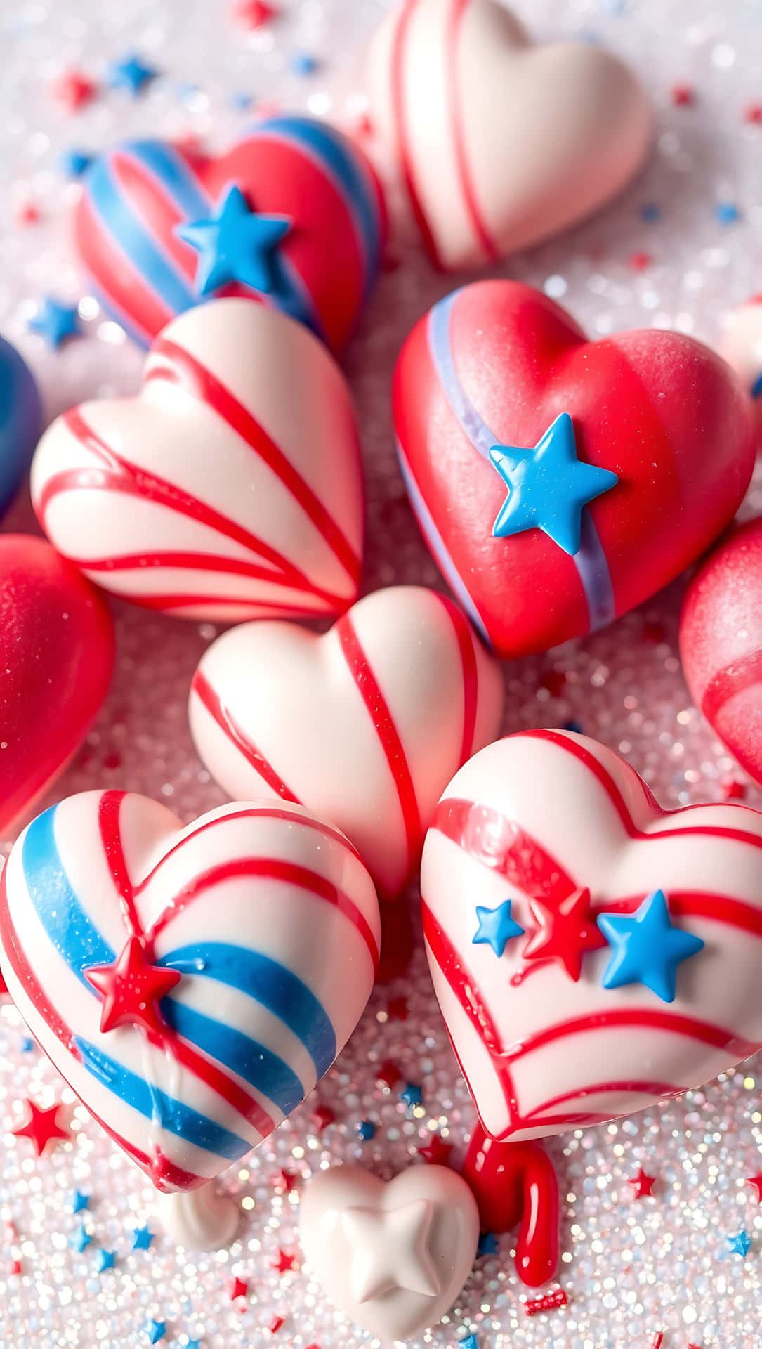 Americana Sparkle Hearts – Candy-Coated Freedom 45-1 壁紙 — 光澤的紅白藍條紋心形糖果，飾有星星，放在閃閃發光的五彩紙屑上。